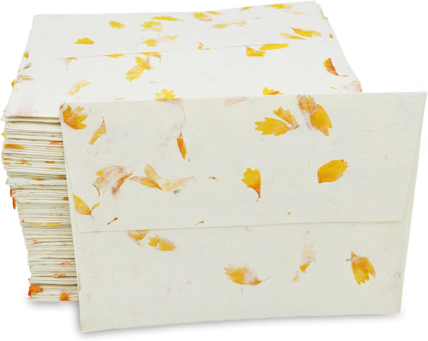 Kathmandu Valley Co. 5.5 x 7.5 inch Handmade Lokta Paper Envelopes for 5x7" Wedding Invitations, Announcements, Vintage Envelopes with Pressed Marigold Flower Petals. Made in Nepal. (Pack of 100)