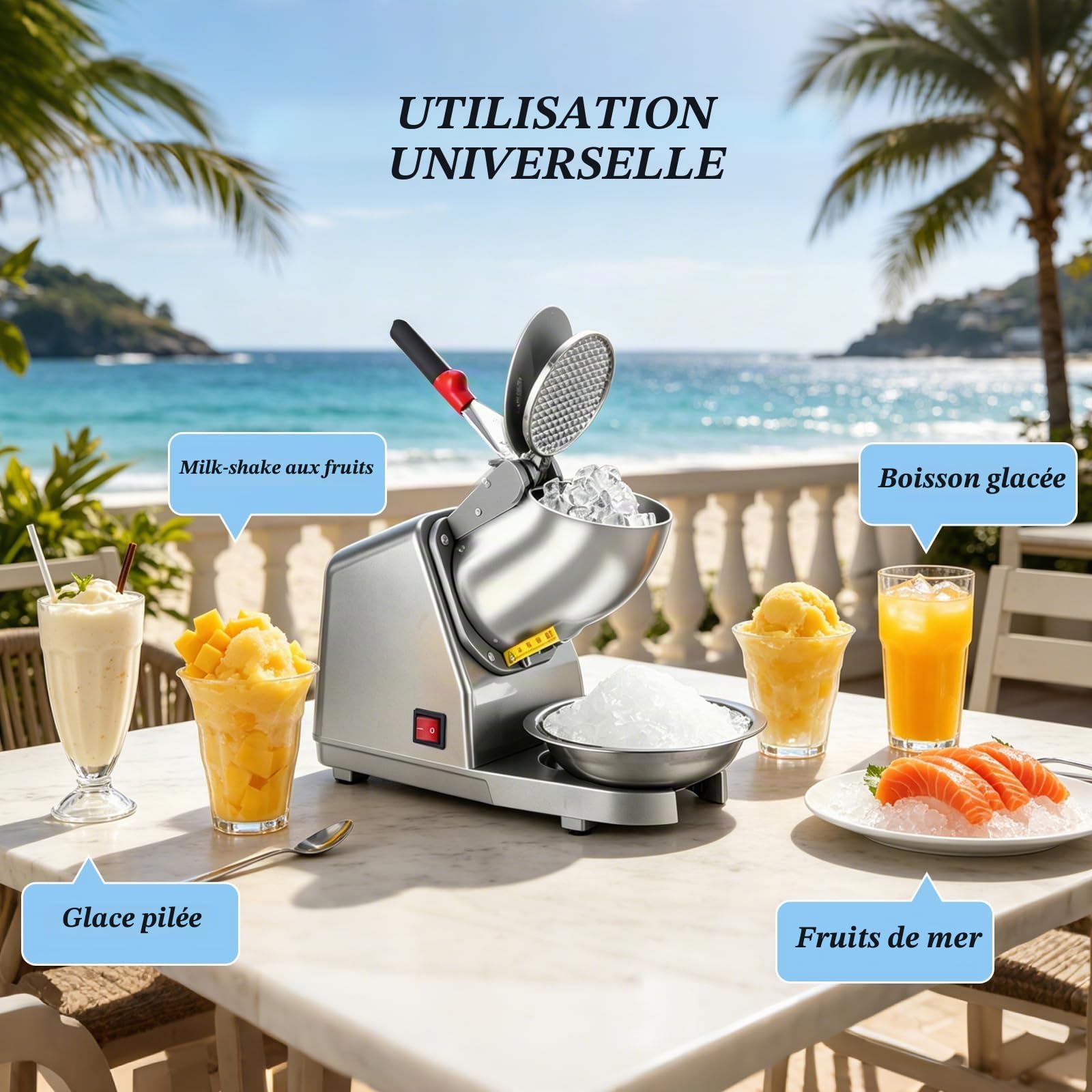 Broyeur à Glace Électrique, Machine à Glace Pilée en Acier Inoxydable avec 2 Lames Capacité de 65 kg/h, pour smoothies, Boissons Froides, Thé au Lait