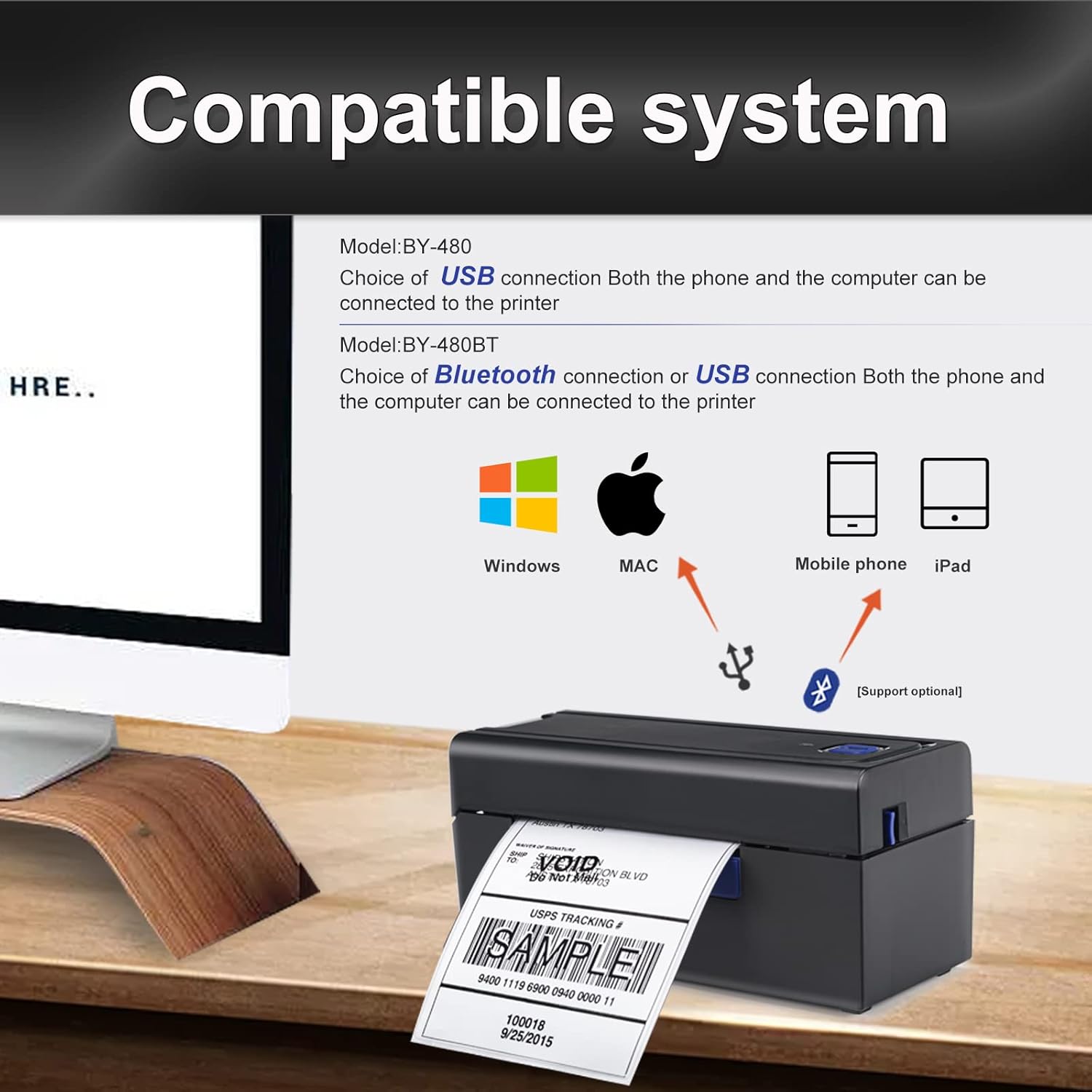 Diagram showing compatibility with Windows, Mac, mobile phones, and iPad via USB and Bluetooth connections.