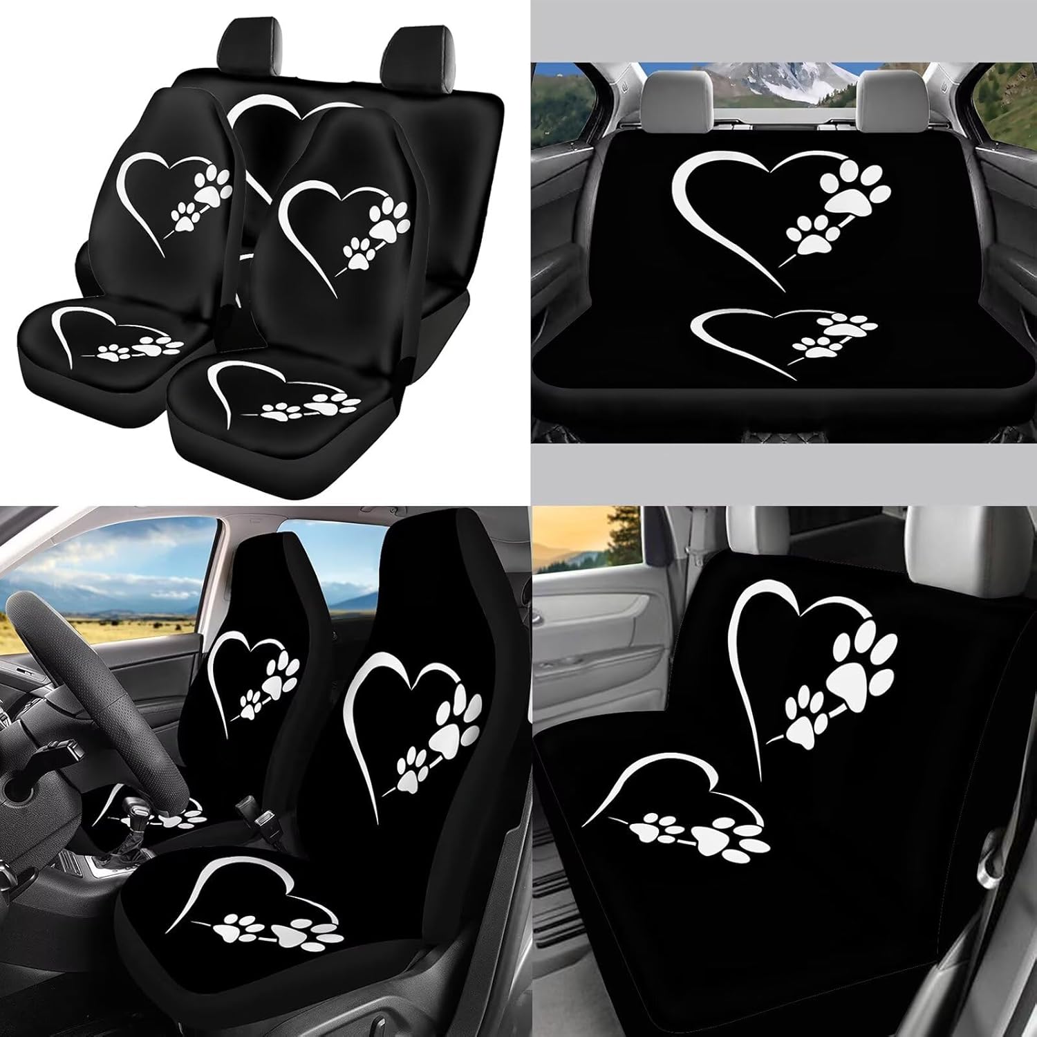 Dog Paw with Heart Print Car Seat Covers with Steering Wheel Cover/Armrest Cover/Seatbelt Covers/Car Coasters/Lip Holder/Keychains,Dog Paw Car Accessories Full Set for Women
