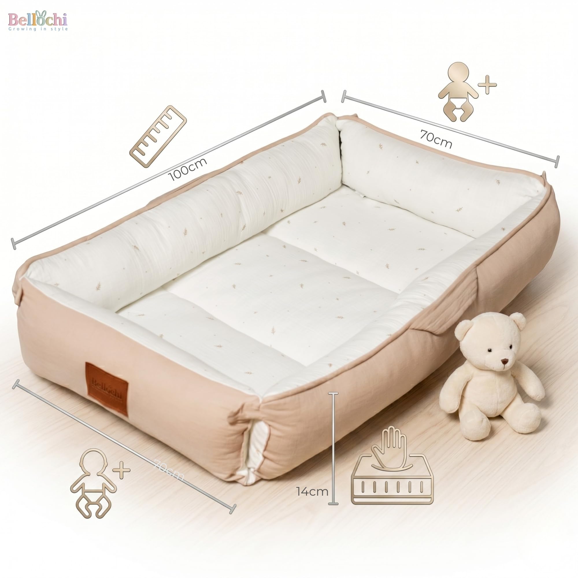 Bellochi Hush Baby Nest Cocoon leżak dla noworodka z cichymi magnetycznymi zapięciami dla spokojnego wypoczynku, hipoalergiczna bawełna premium, wielofunkcyjna mata na brzuch i przenośna kapsuła