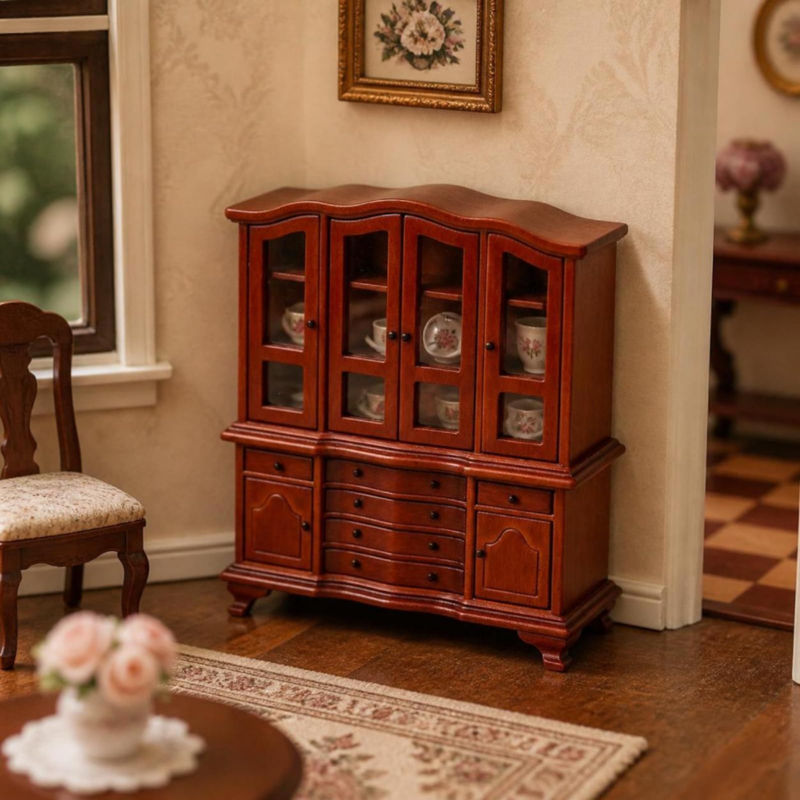 kowaku Credenza in Miniatura Realistico Libreria con Trasparenti Apribile Credenza con in Vetro per Diorama