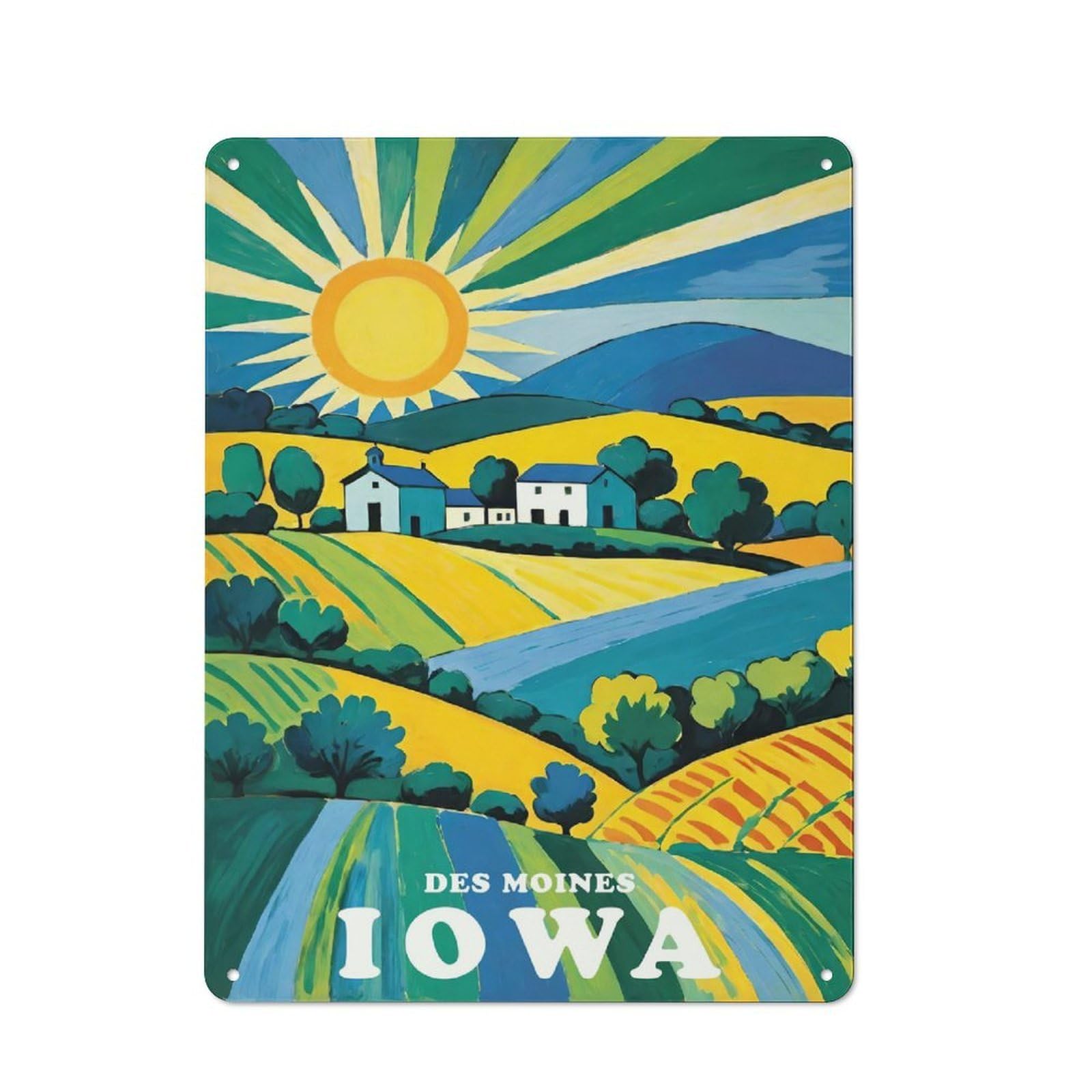 Junmoney Style For Hobby Room Or Studio, Des Moines Iowa Landscape Rustic Tin Wall Plaque 40X30cm, For Vintage Wall Decor Fans, For Metal Sign Collectors