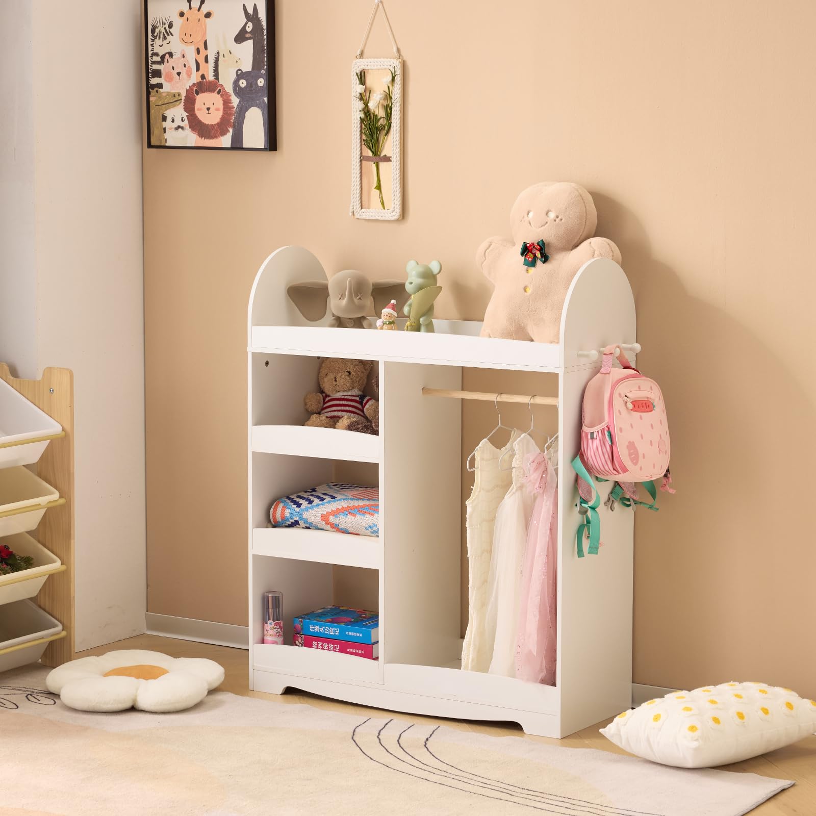 LALAHO kinderkleiderschrank，kleiderschrank kinderzimmer，kleiderschrank Kinder，kindergarderobe mit ablage，mit 3 Haken，mit 5 offener Ablagen, Kinder Kleiderständer für Kinderzimmer（Weiß）