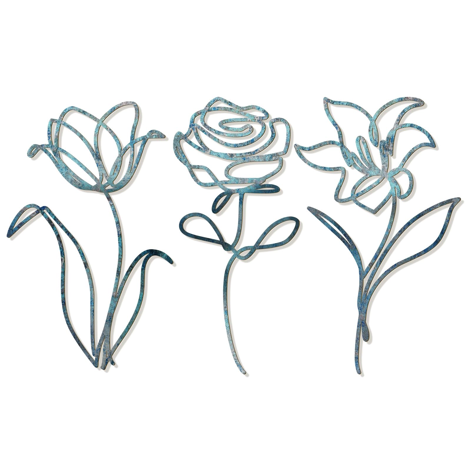 3 Pieces Metal Flowers Wall Arts Decor, Rustic Farmhouse Metal Wall Ornament Art Teal Minimalist Floral Decor for Bathroom Kitchen Bedroom Living Room, 6x10 Inches - Housewarming Gifts (Teal)