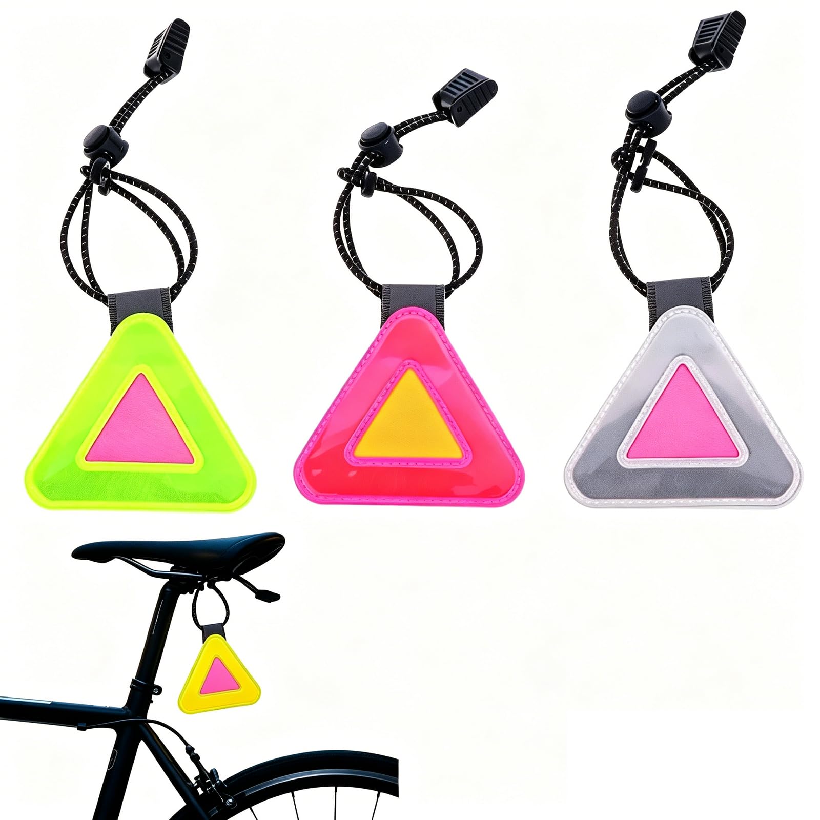 3 Pcs Bike Reflective Signs Waterproof Reflective Triangle Symbol for Saddle or Frame Night Cycling Safety Reflectors with Elastic Strap Hanging Triangle Warning Sign for Bicycle Backpack Pendant