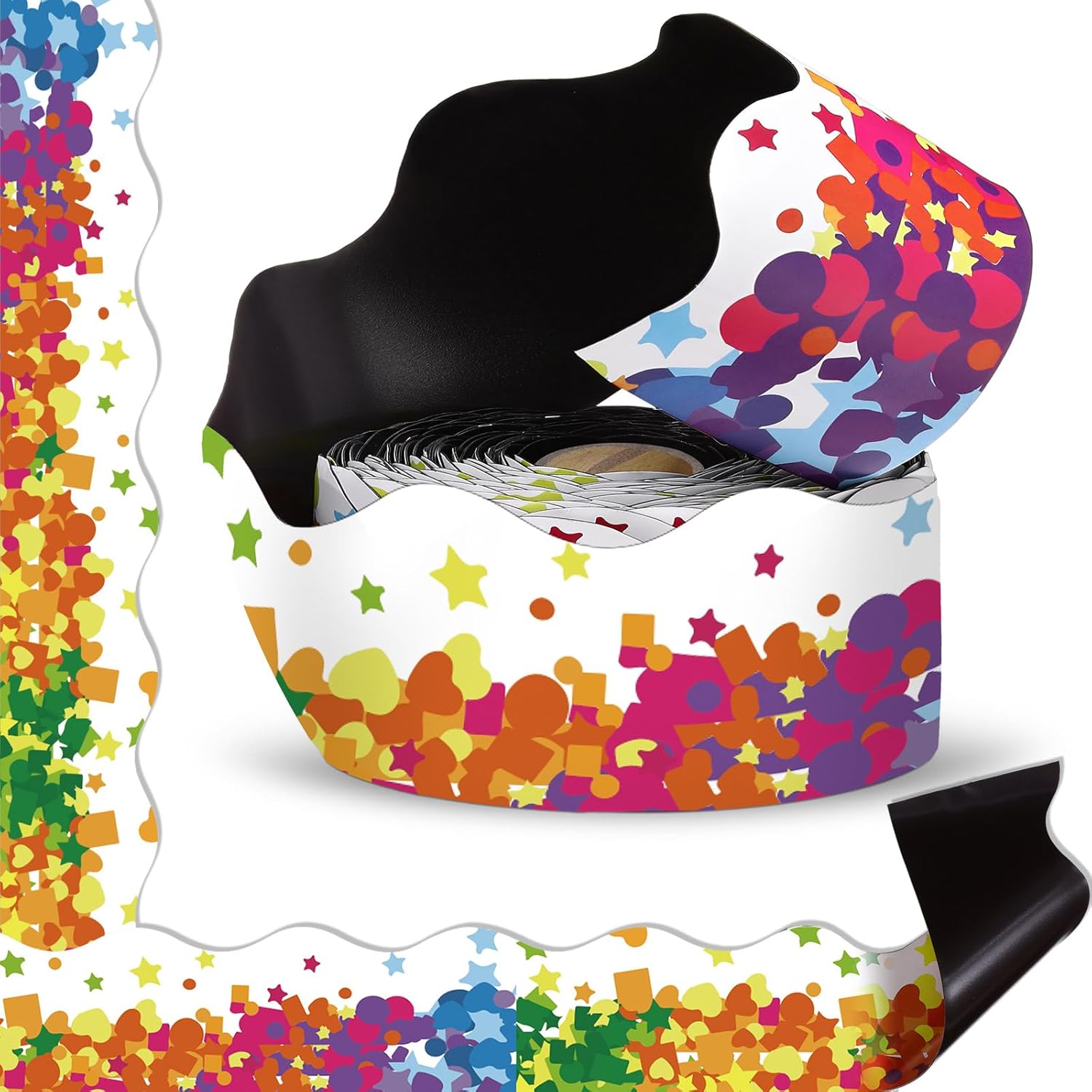 Tenceur 48 ft x 2.76 Inch Large Magnetic Borders for Bulletin Board Decoration, Colorful Confetti Scalloped Magnetic Strips Whiteboard Border Roll for School Office Chalkboard Poster Decor