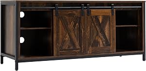 HOMCOM Industrial TV Stand for TVs up to 60", TV Console with Storage and 2 Sliding Barn Doors, Freestanding Entertainment Unit for Living Room, Bedroom, Brown