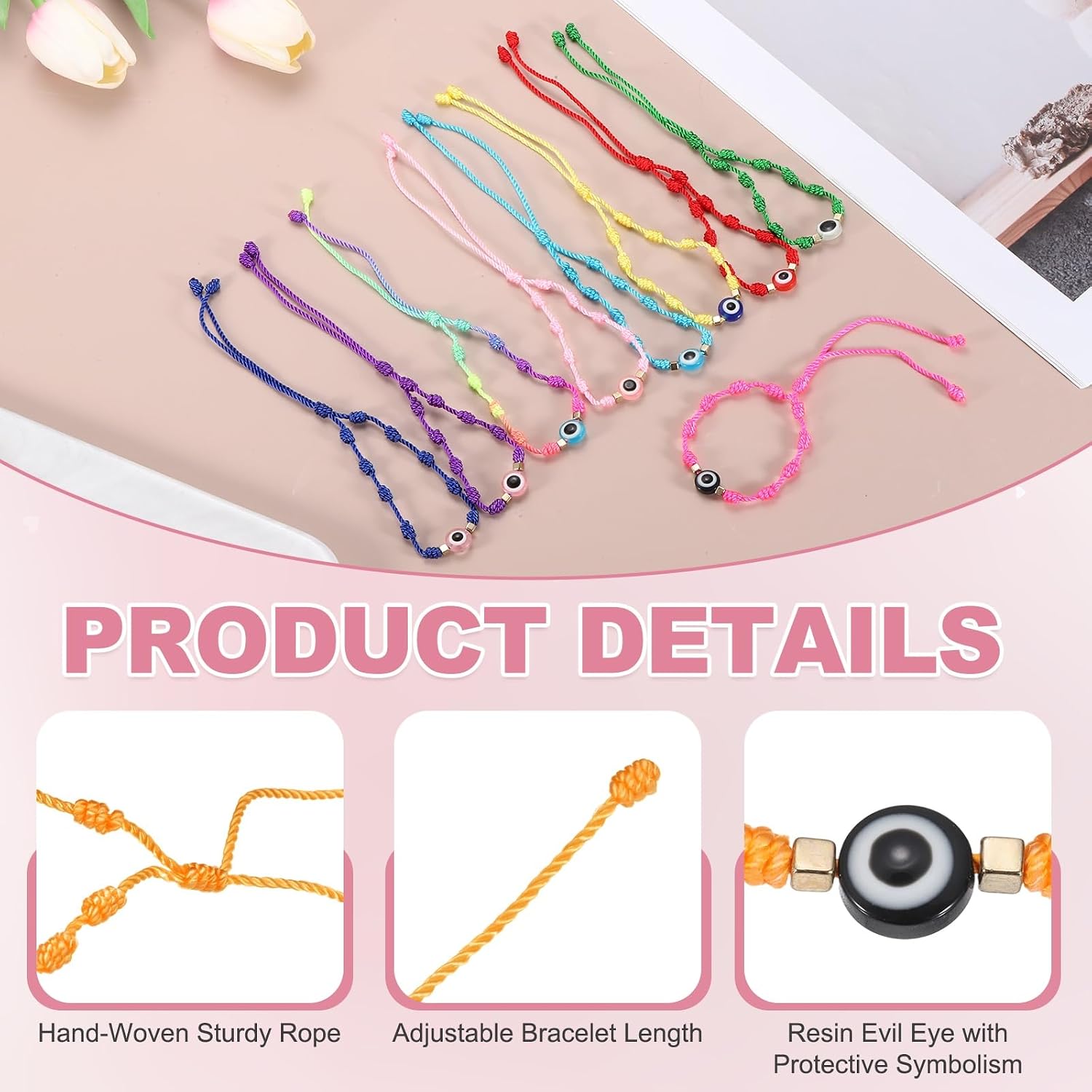 MECCANIXITY Evil Eye Bracelet Handmade Knots Braided Rope String Adjustable Waterproof Good Luck Bracelet Set with Card & Mesh Bag