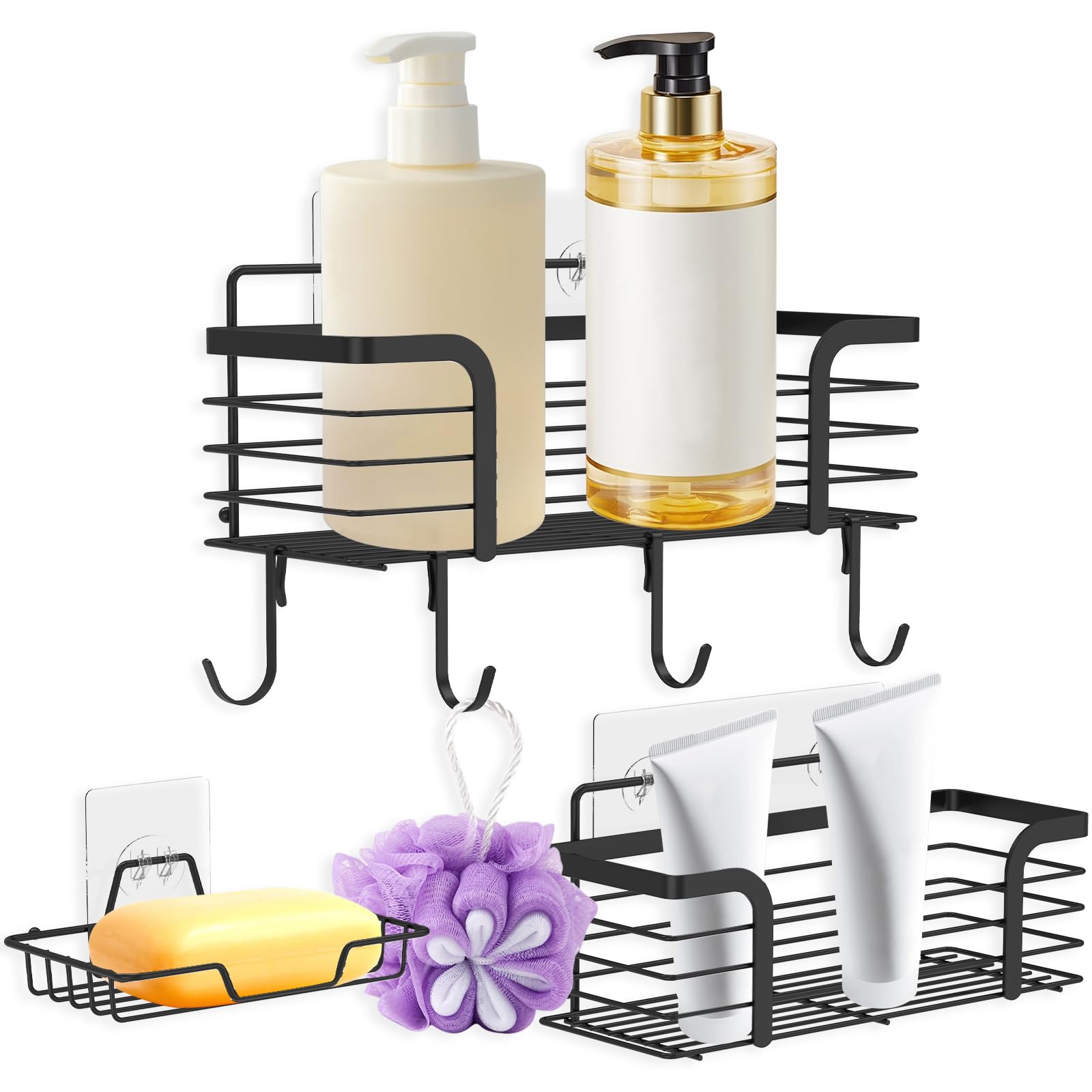 FALESOUL Shower Caddy Hanging Adhesive Shower Organizer with Soap Dish and 4 Hooks Rustproof Stainless Steel Basket Organizer
