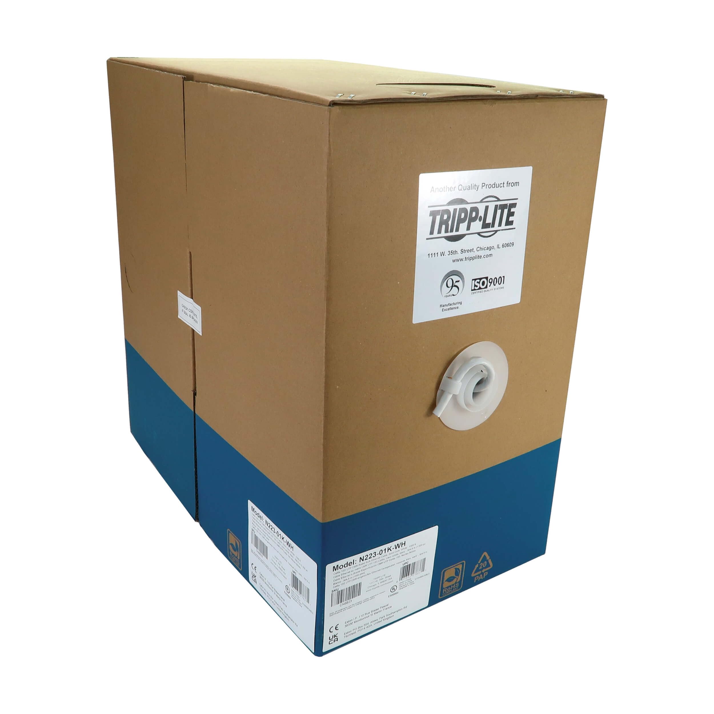 Tripp Lite Cavo Ethernet Cat6a Bobina da 1000 piedi, bianco, Cavo di rete in rame da 10 Gbps, Filo nudo a quattro coppie da 23 AWG, Cavo LAN UTP 10G CMR, 305 metri, (N223-01K-WH)