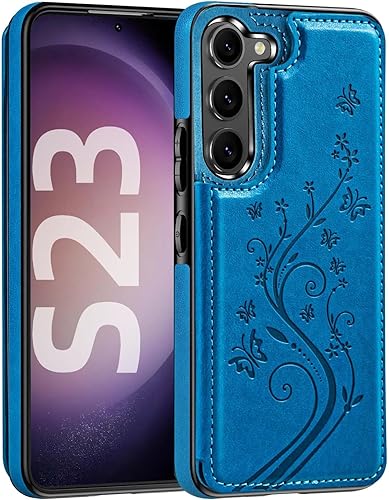 Korecase Funda de teléfono tipo cartera para Samsung Galaxy S23 con tarjetero, funda de cuero PU floral mariposa - Azul