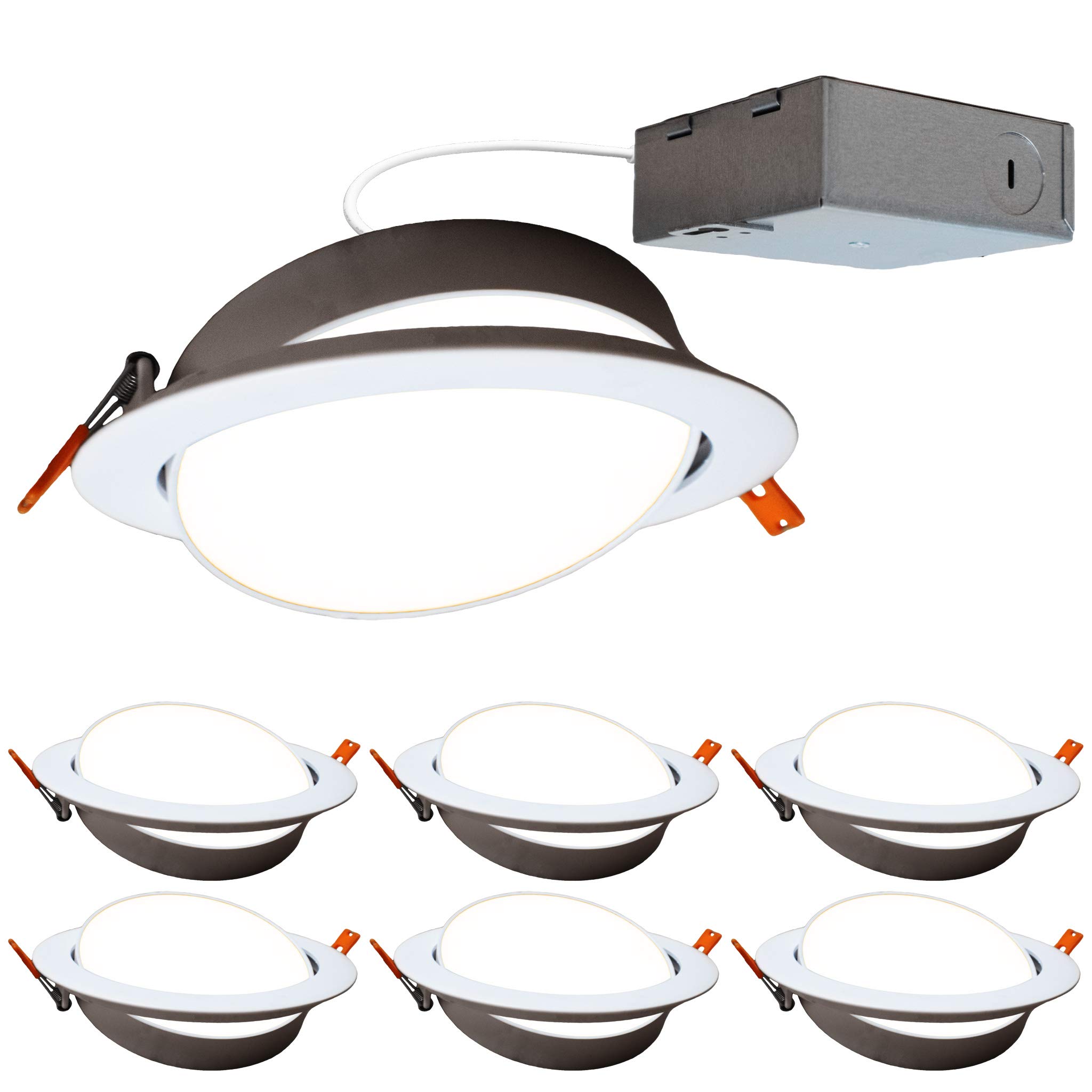 Quest LED Ultra Thin 6 Inch Adjustable LED Recessed Light (6 Pack), 5 CCT 2700K, 3000K, 3500K, 4000K, 5000K Recessed Slim Light, 12W 800 Lumen, CRI 90, Dimmable, Round Panel Gimbal Recessed Downlight
