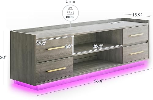 Miniatura 7 de BELLEZE Soporte de TV de 66 pulgadas para televisores de hasta 75 pulgadas, centro de entretenimiento con luz LED con toma de corriente, 4 cajones y