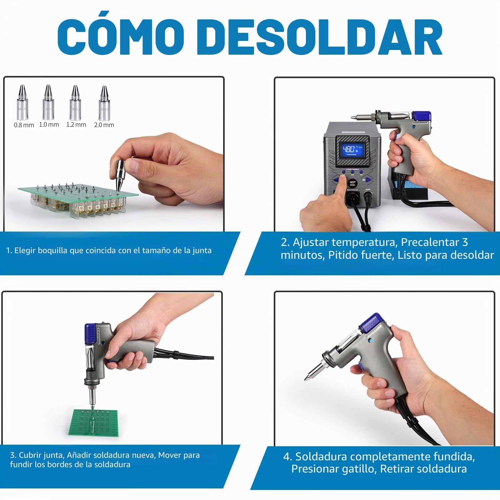 WEP 948D-I 110W Estacion de desoldadura de alta potencia con 4 boquillas de desoldado, control de temperatura con 3 canales preconfigurados, pantalla inclinable, a prueba de ESD(EU)