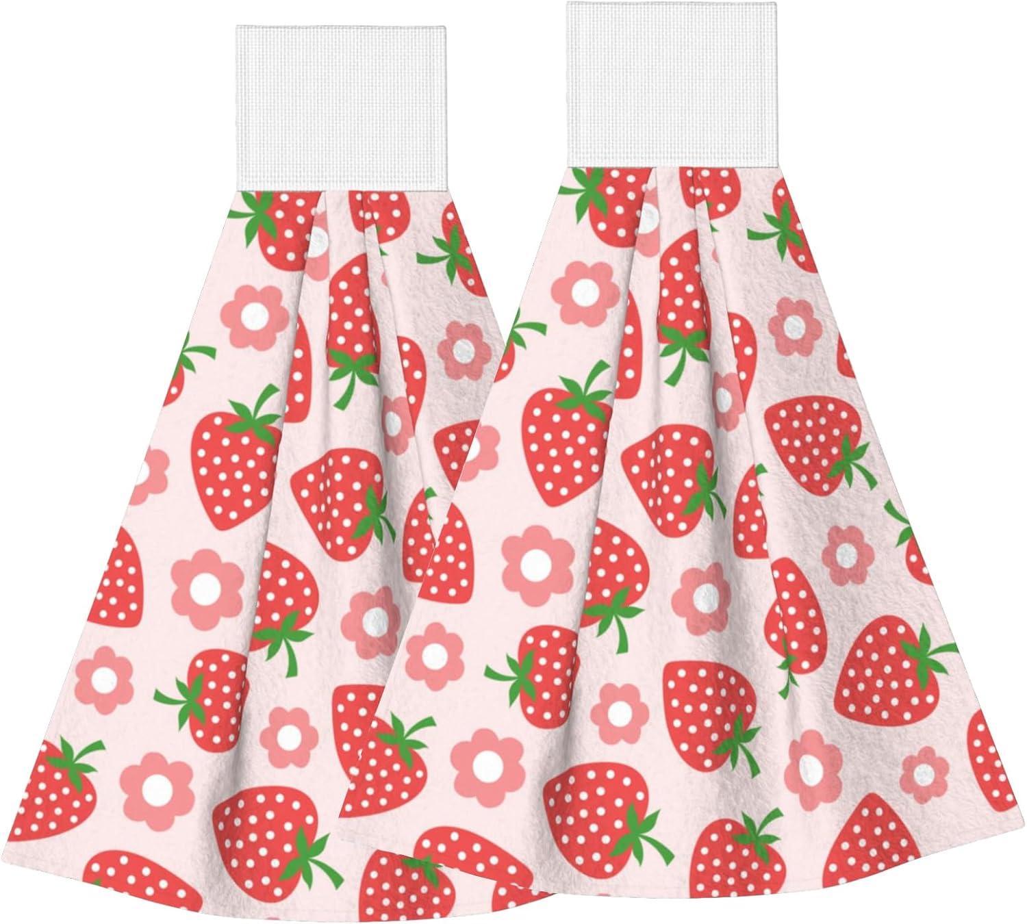 Cute Red Strawberry Kitchen Hand Towels Spring Pink Flowers Hand Tie Towels Set of 2 PCS Dish Towels with Loops Tea Bar Dish Cloths Towel for Bathroom Home