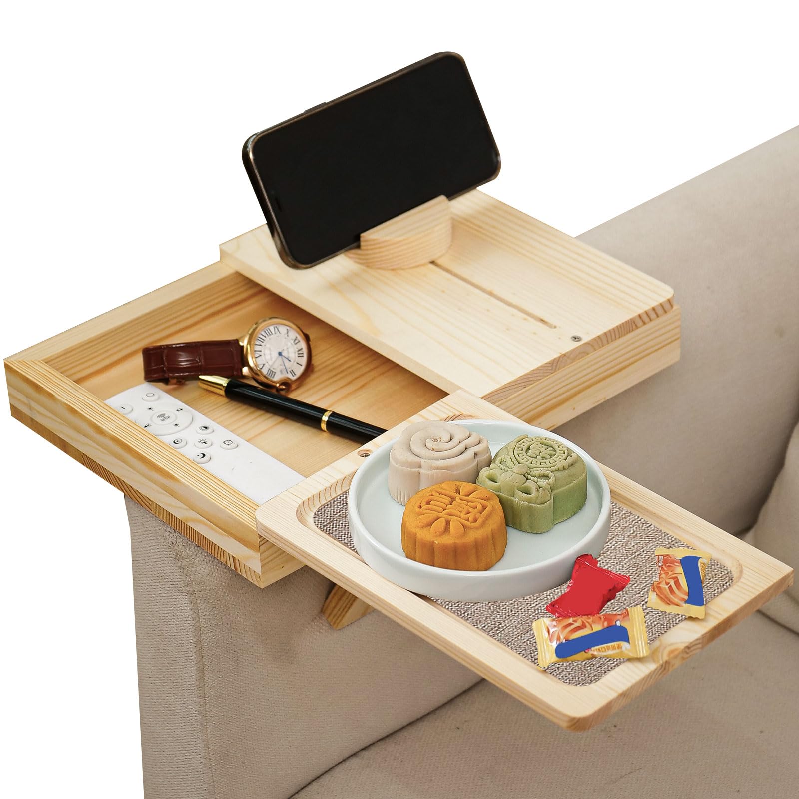 Vassoio da Divano per Bracciolo in Legno, con Supporto per Cellulare, Altamente Stabile, da Posizionare Tra I Braccioli del Divano, Ideale per Snack, Tazze, Cellulari, Telecomandi
