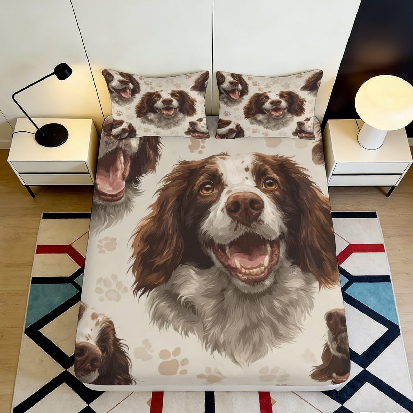 3D Printed Dog Portrait Fitted Sheet Microfiber Soft Brown White Puppy Paw Mattress Cover for Bedroom Guest Room 160x200x25cm