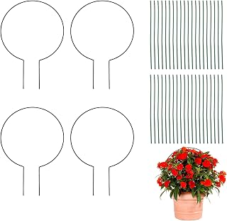 4PCS Round Circle Trellis for Climbing Plants Indoor,Black 13" Small Plant Support Stakes,Metal Small Trellis Comes with 40pcs Plant Ties