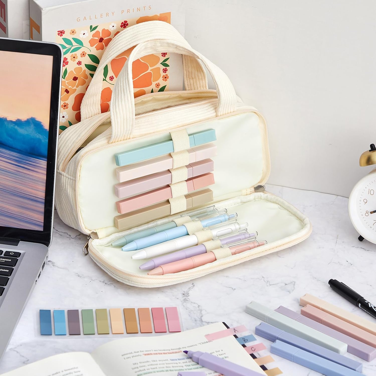 Jutom 39 Pcs Aesthetic Book Annotation Kit Highlighter with Case Bag Gel Pen Transparent Sticky Note Taking Bible Supplies(White,Classic Style)