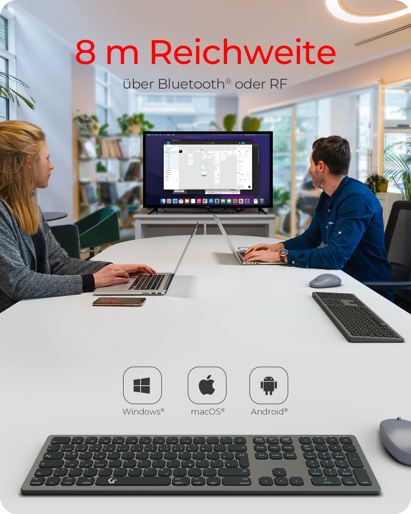 KeySonic Kabellose Bluetooth-Tastatur für Windows/MacOS/Android, Deutsches QWERTZ-Layout, Schwarz