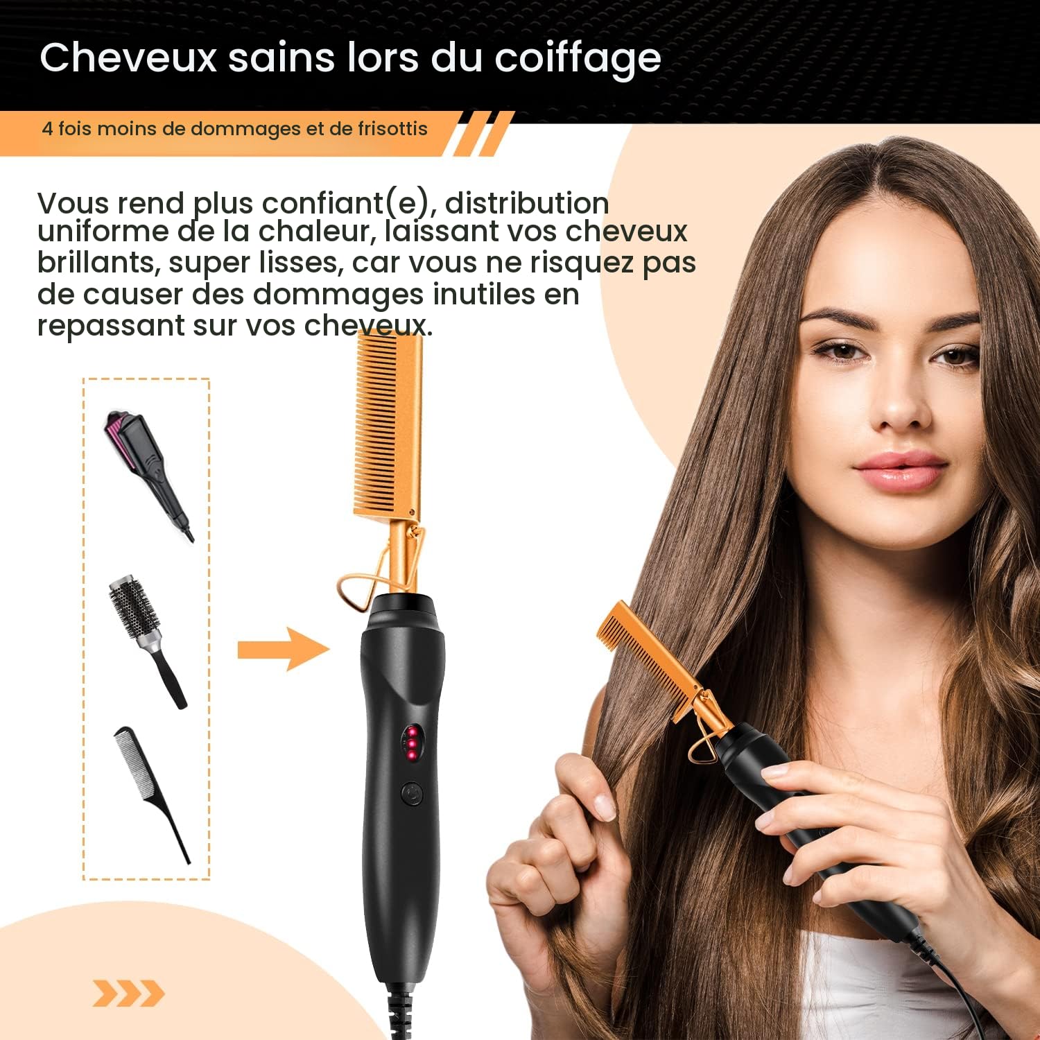 Peigne Chauffant Électrique, Fer à Lisser pour Cheveux Afro, Peigne Lisseur Professionnel (7, unité, 7)