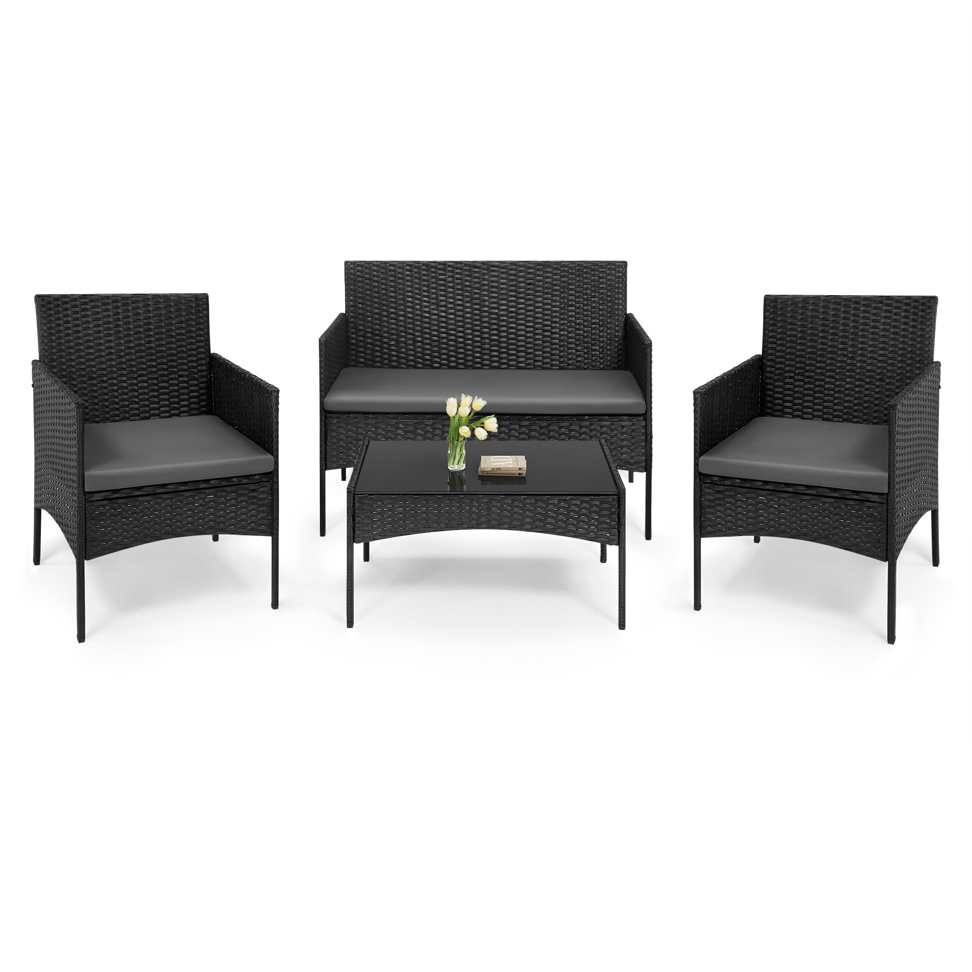 WOLTU Gartenmöbel 4-teilig Set mit 1 Sofa, 2 Sessel, 1 Couchtisch und Kissen Lounge-Möbel Outdoor 2-Sitzer-Bank mit Glas Gartentisch Terrassenmöbel Wetterfest für Garten, Terrassen, Balkon, Schwarz