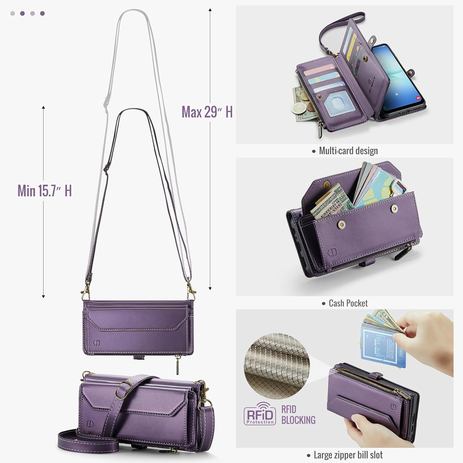 Strapurs Wallet Case Compatible with Samsung Galaxy A17 5G RFID Blocking Card Holder Soft PU Leather Magnetic Snap Shoulder Strap Zipper Pocket Phone Case Fit for Galaxy A17 6.7" - Purple