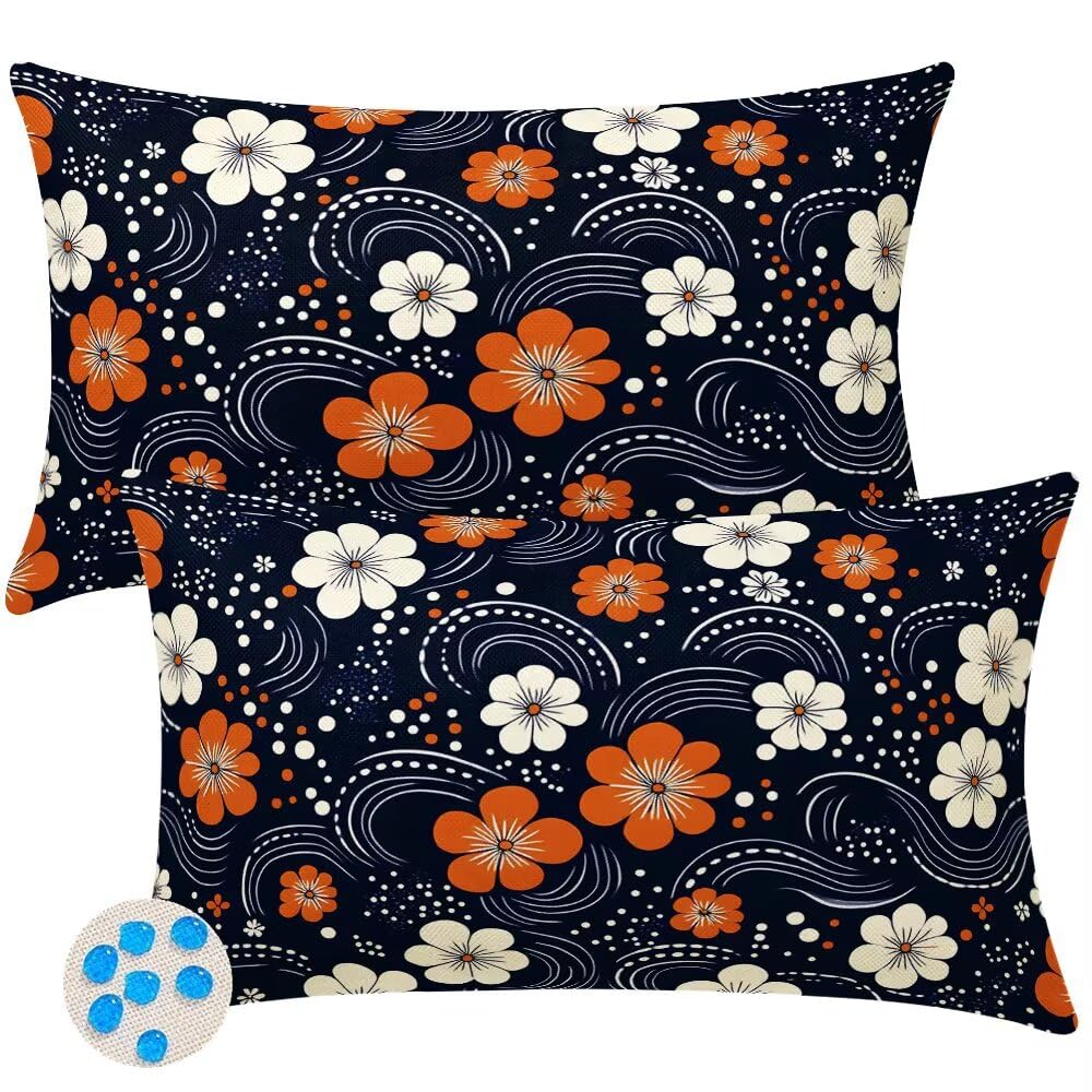 Outdoor Cushions Waterproof Cushion Covers 20cm x 30cm Pack of 2 Navy Blue Garden Cushion Cover Orange Flowers Decorative Throw Pillow Covers 8 x 12 Inch Outdoor Pillowcase for Garden Patio -SC390