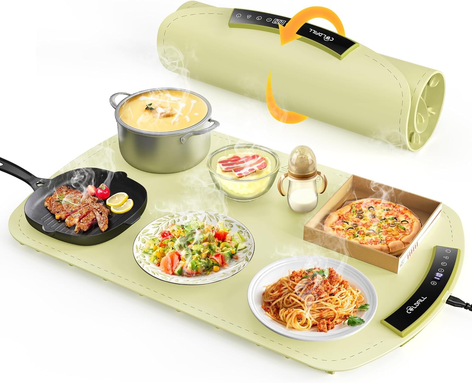 Warmhalteplatte Elektrisch - Faltbare Speisenwärmer 40-110℃ Einstellbare, Schnelle Heizung in 5S, 15mm Verbrühungsschutz, für Speisen Warm Halten, für Auftauen Buffet Server Party, Grün