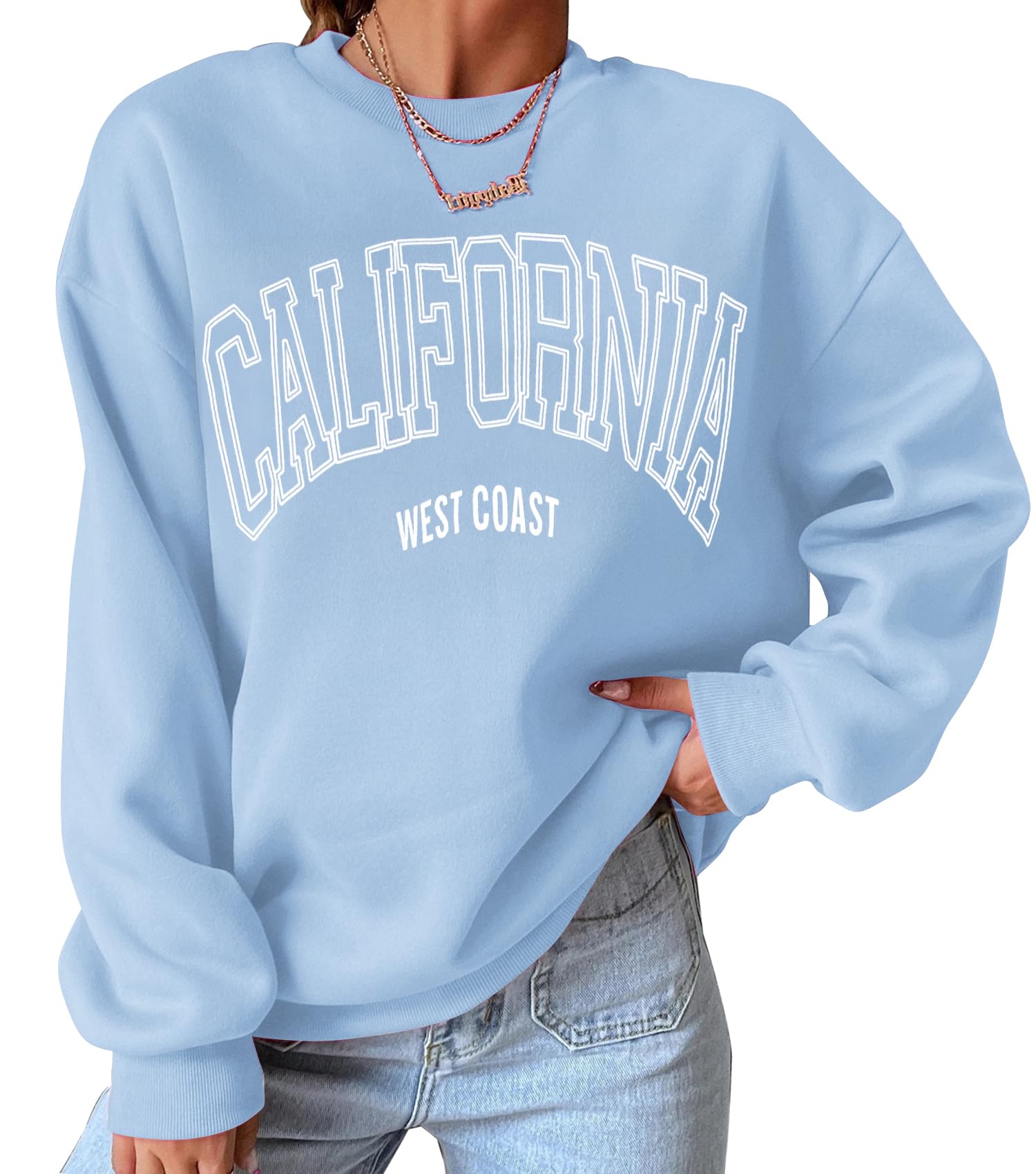 KIGRADWomen’s California Letter Graphic Oversize Fleece Sweatshirt Crew Neck Drop Shoulder Pullover Y2K Fall Teens