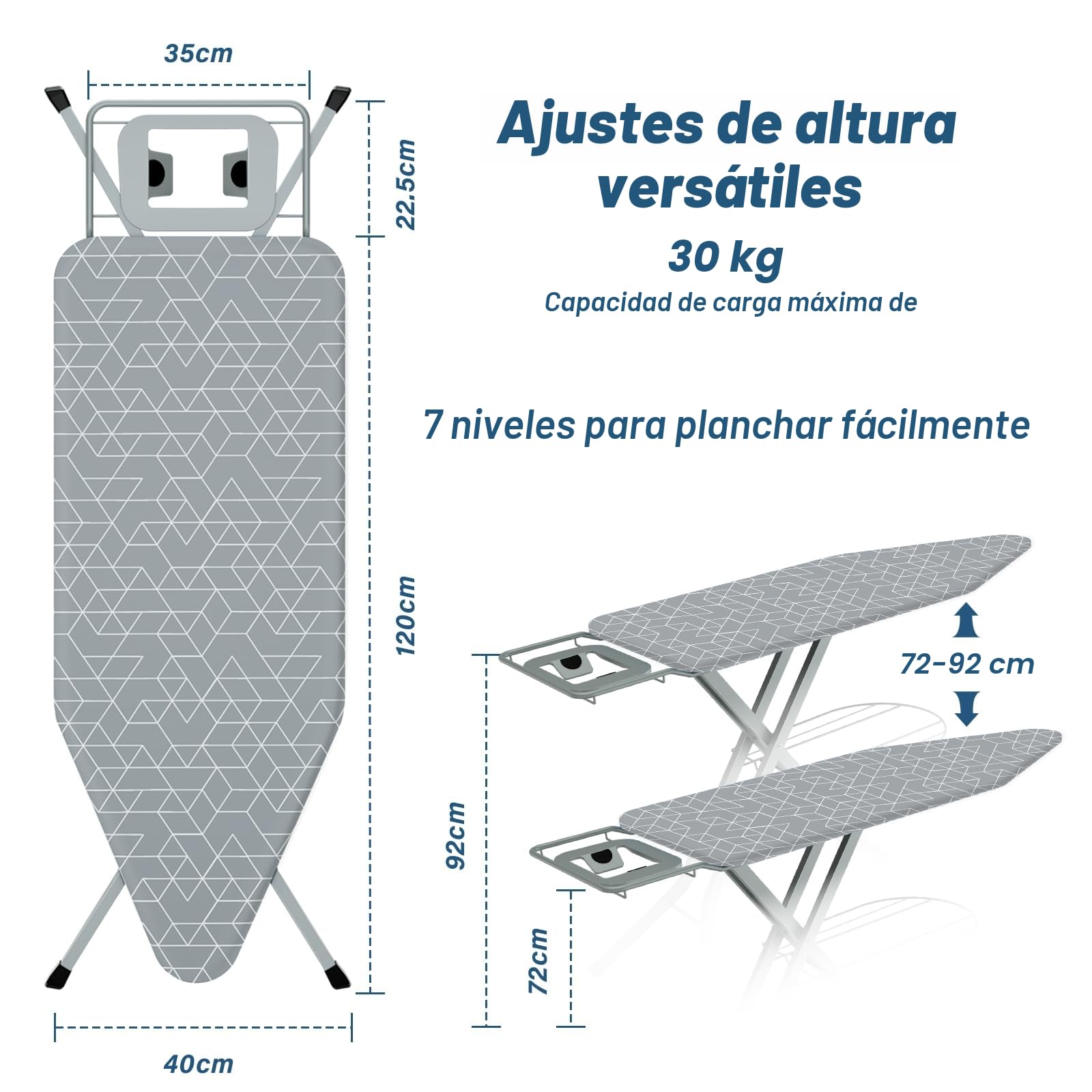 STANEW Tabla de Planchar 120 x 45 cm,Plegable Tabla Planchar,Apto para planchas de Vapor, Sistema de Cierre de Seguridad,Altura Regulable,100% Algodón,con Soporte Sólido Unidad de Vapor(Gris)