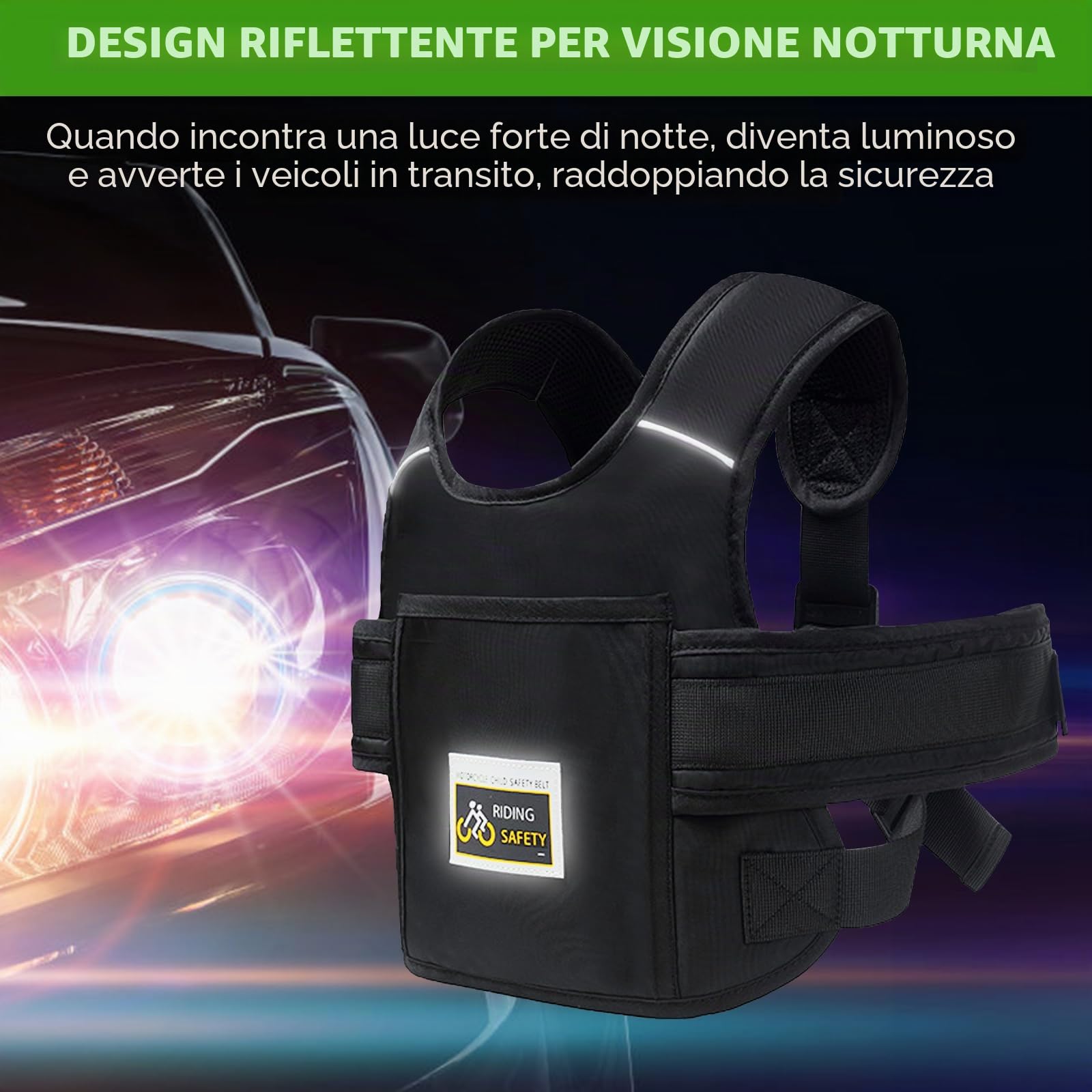 Cintura di sicurezza per motocicli per bambini regolabile con strisce riflettenti 3-12 anni