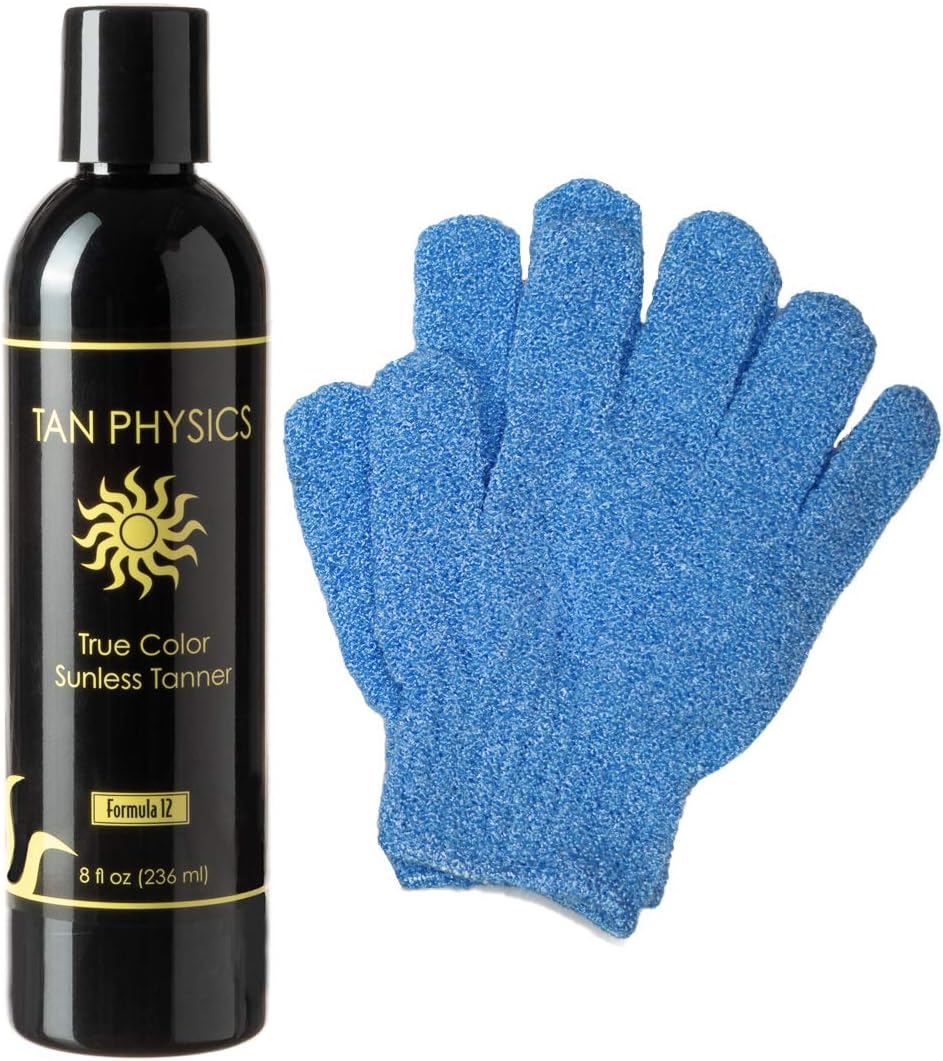 Sunless Tanner 8oz with Exfoliation Gloves – Self Tanning Lotion – Instant Tanning Lotion for Face & Body – Natural Self Tanner for a Streak-Free, Long-Lasting Glow