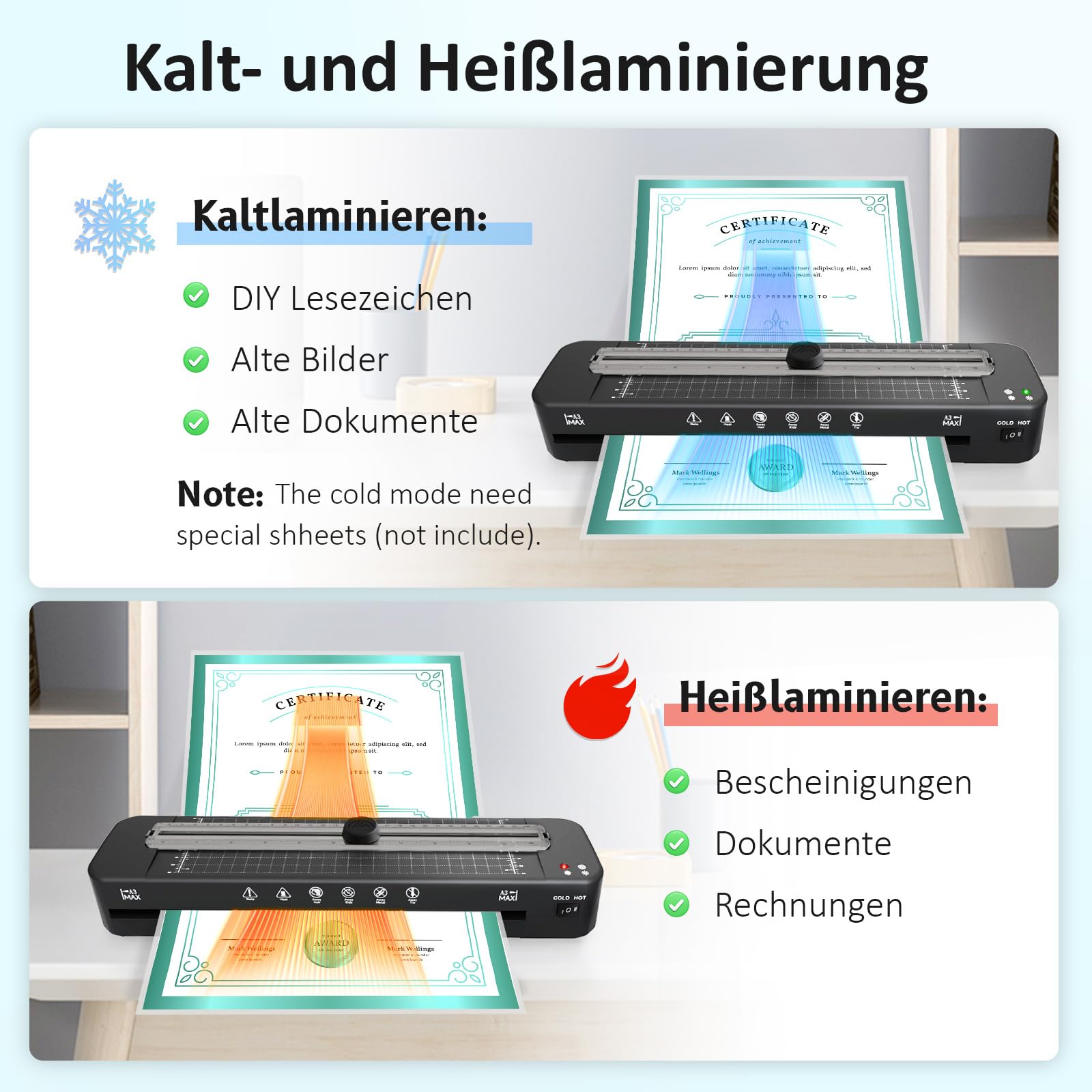 Raycial Laminator A3 z 20 arkuszami do laminowania do formatu A3/A4/A5/A6, laminator na ciepło i zimno z obcinaczem do papieru i zaokrągleniem narożników do biura, domu, szkoły