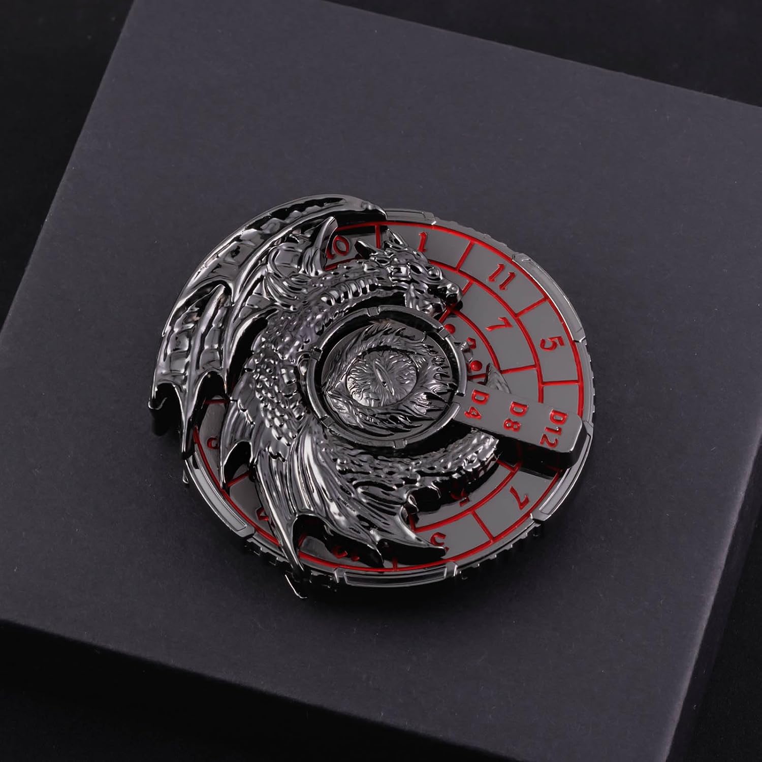 KERWELLSI 7 in 1 Spinner DND Dice Set D&D, Metal Roulette Dragons D and D Dice with Gift Box, Polyhedral Dungeons Role Playing Gaming Dice, Black Red