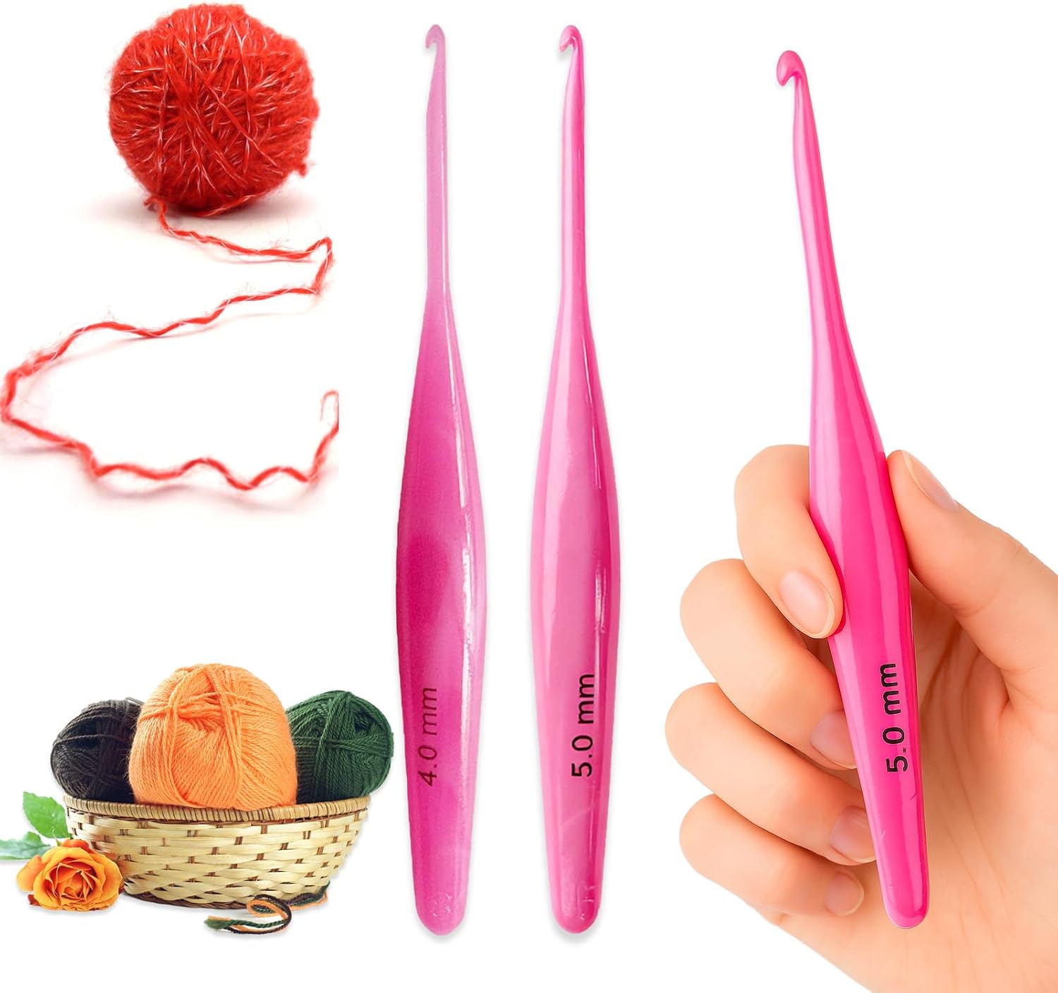 Svartur Acrylic Crochet Hooks Set, 6 Sizes Ergonomic Handle Crochet Needles for Knitting, Crocheting Crafts, Beginner Crochet Supplies, Pink