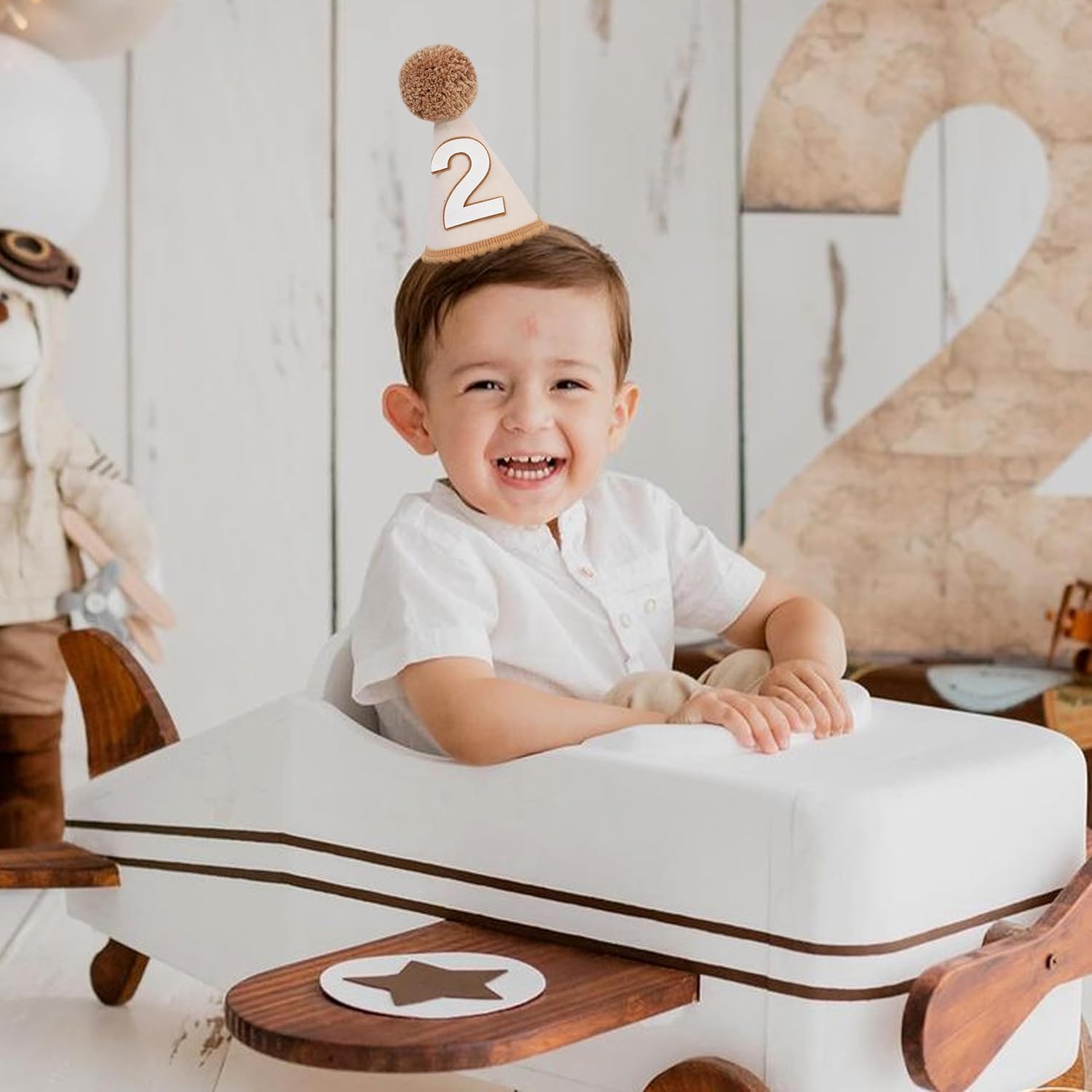 White Brown 2nd Birthday Hat - Second Birthday Party Decorations, Brown Simple Number Cone Hat, Boho Theme Party Decorations, Two Year Old Baby Party Hat Photo Props - Image 5