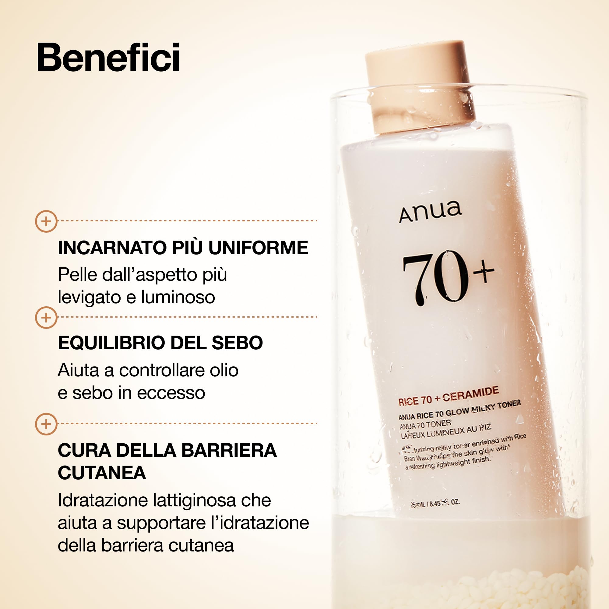 Anua Rice 70 Glow Milky Toner – Tonico Viso Idratante e Illuminante Coreano, con Acqua di Riso 70%, Niacinamide, Ceramidi e Pantenolo, Tonico Lattiginoso per Pelle Sensibile, Non Comedogenico (250ml)