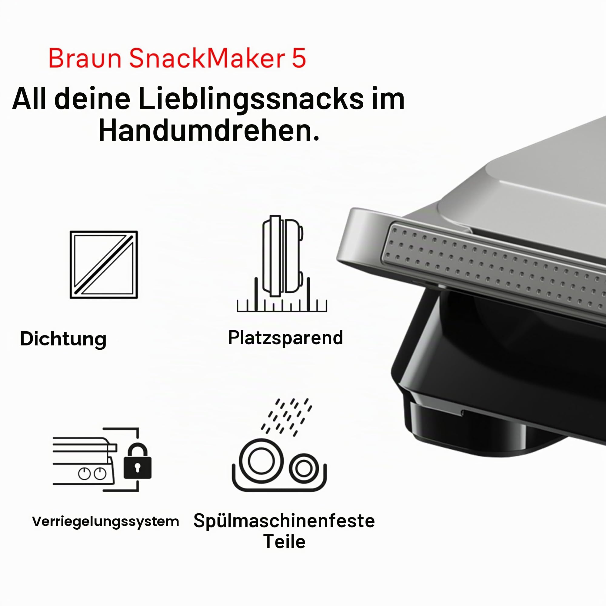 Braun SnackMaker 5 – 2-in-1 Sandwichmaker und Waffeleisen mit Wechselplatten, spülmaschinengeeignet, Aluminiumguss, 800 W, Silber (SM5005)