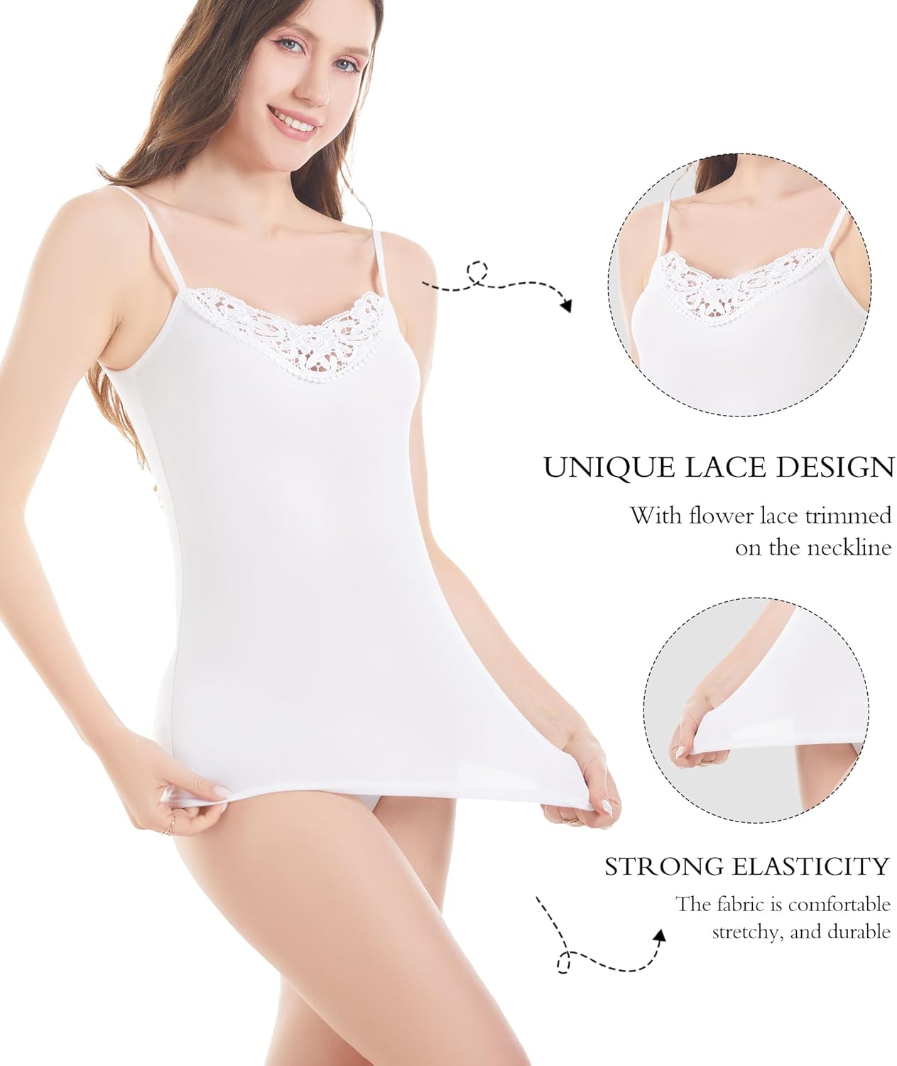Womens Tank Top Camisoles with Premium Cotton Italian Design - Trimmed with Flower Lace on Neckline - Image 2