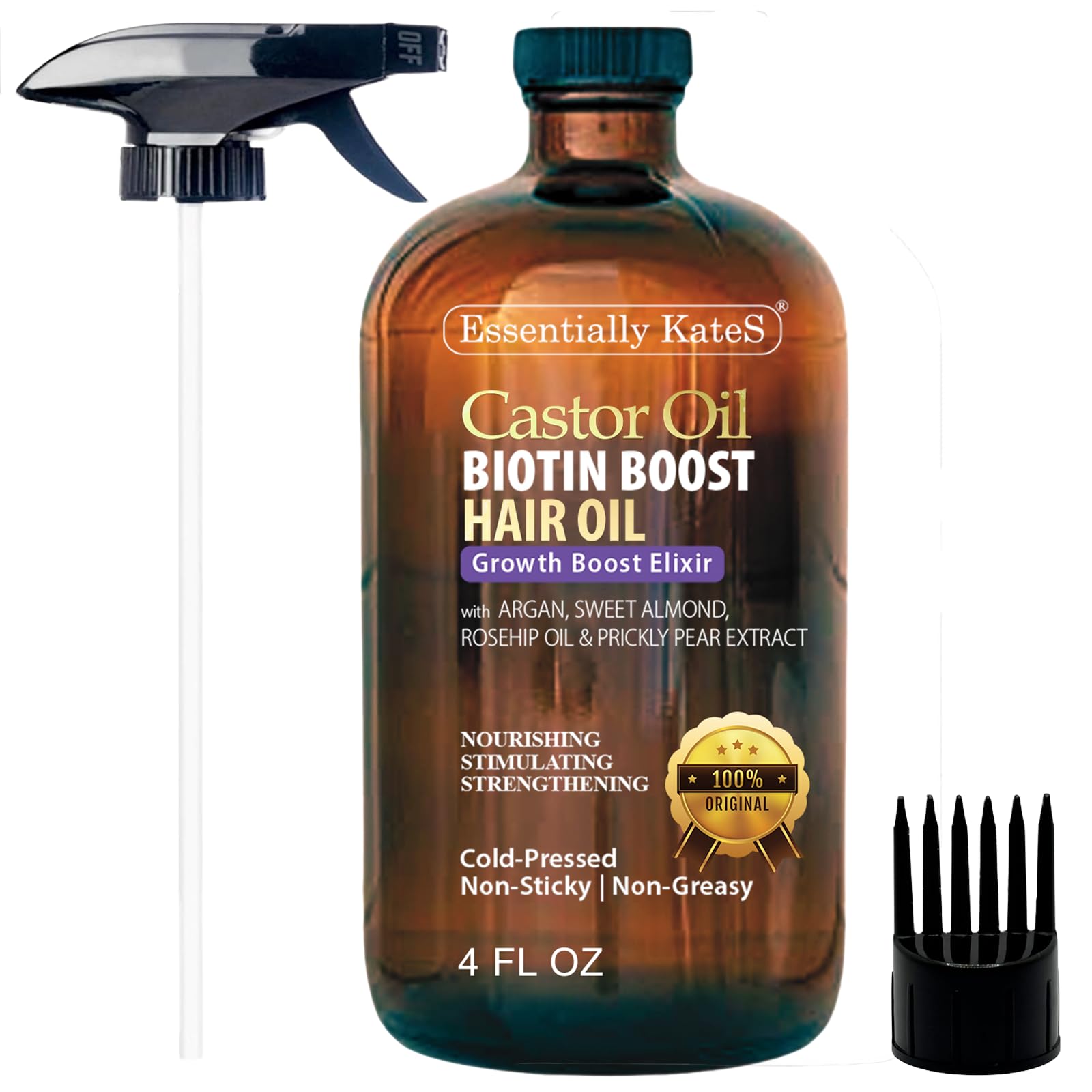 Essentially KateS Castor Oil Hair & Scalp Oil 4 Fl Oz – Biotin, Argan & Rosehip Botanical Blend – Moisturizes, Strengthens & Softens Hair