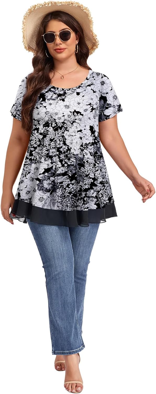 LARACE Plus Size Tunic Tops for Womens Summer Clothes Dressy Round Neck Short Sleeve Shirts Flowy Chiffon Blouses - Image 5