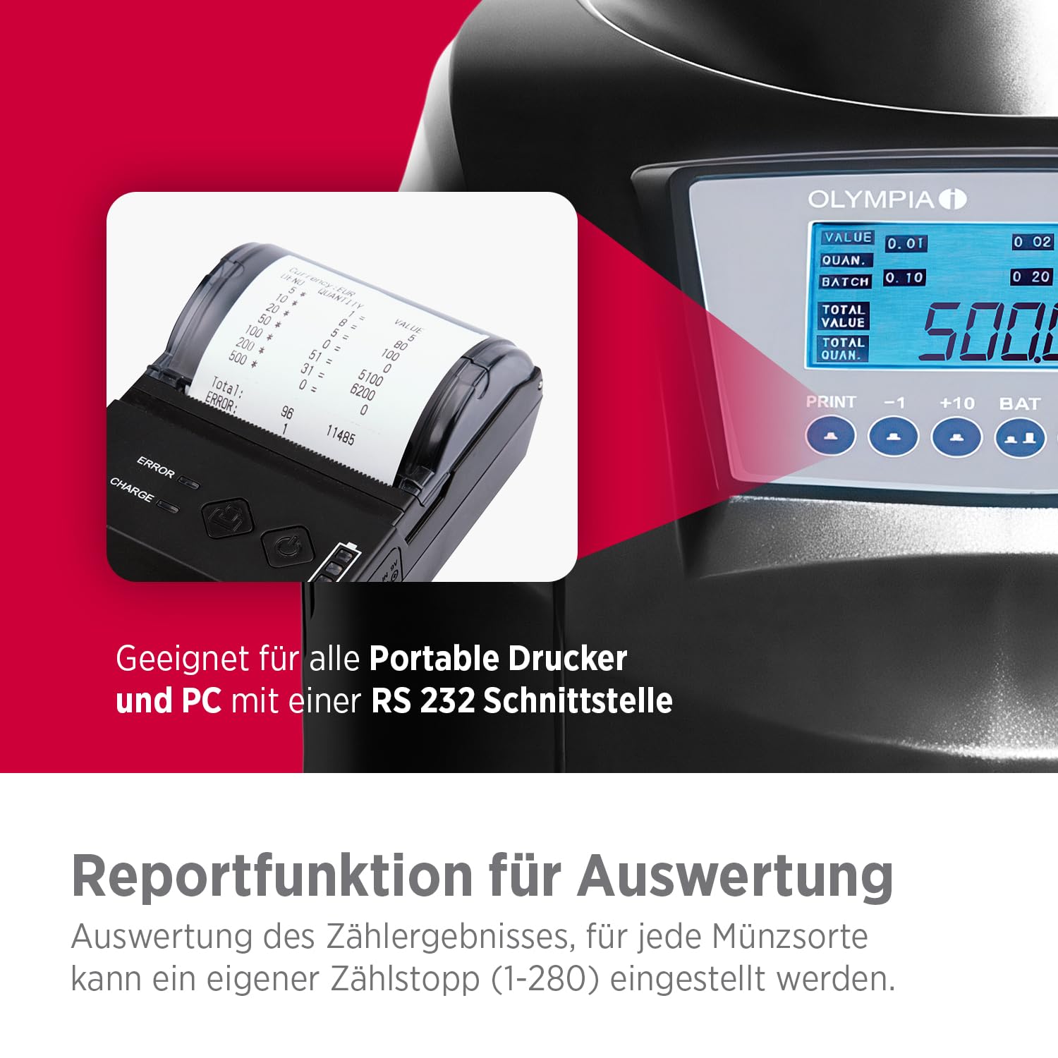 OLYMPIA CC 202 Münzsortierer | Geldzählmaschine für Münzen | Münzzähler & Sortierer für Euro-Münzen | Elektronischer Kleingeld Zähler mit LCD-Display | Zählmaschine mit Additionsfunktion & Bündelung