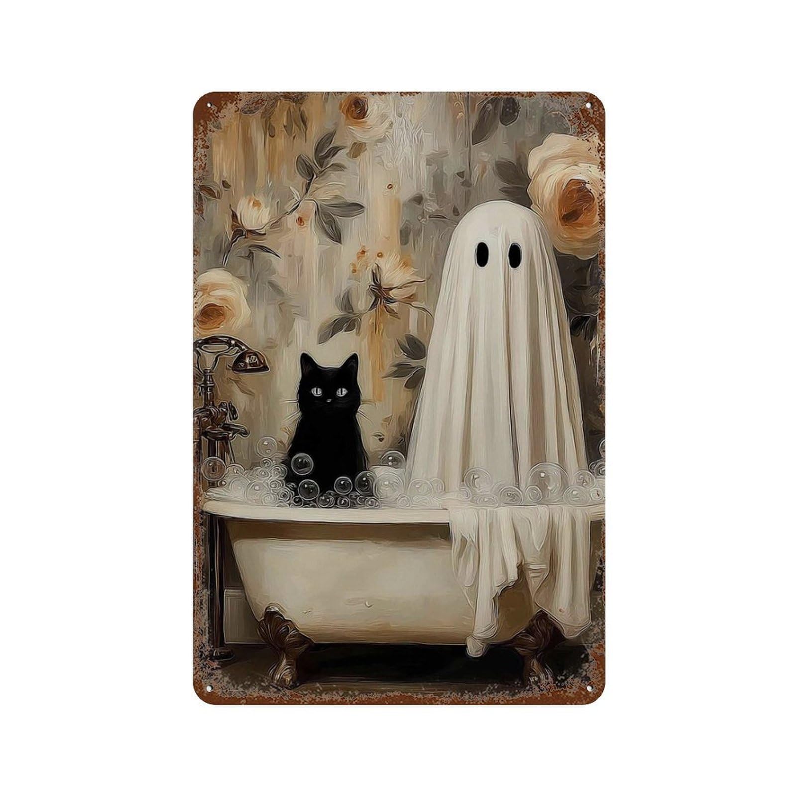 xiaoxiaoshen Quirky Ghost Black Cat Bath Humorous Halloween Whimsical Animal Spooky Victorian Wall Decor Art Metal Tin Poster Modern Home Decor Art Home Bar Shop Decorations Vintage Sign 30x20cm