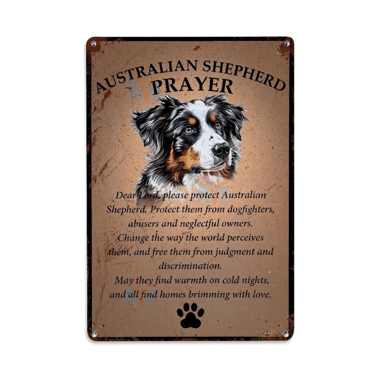 Australian Shepherd Prayer Dog Art Tin Sign Metal Poster Vintage Metal Signs for Home Man Cave Bar Cafe Kitchen laundry room Wall Decorations Gift 8x12Inch