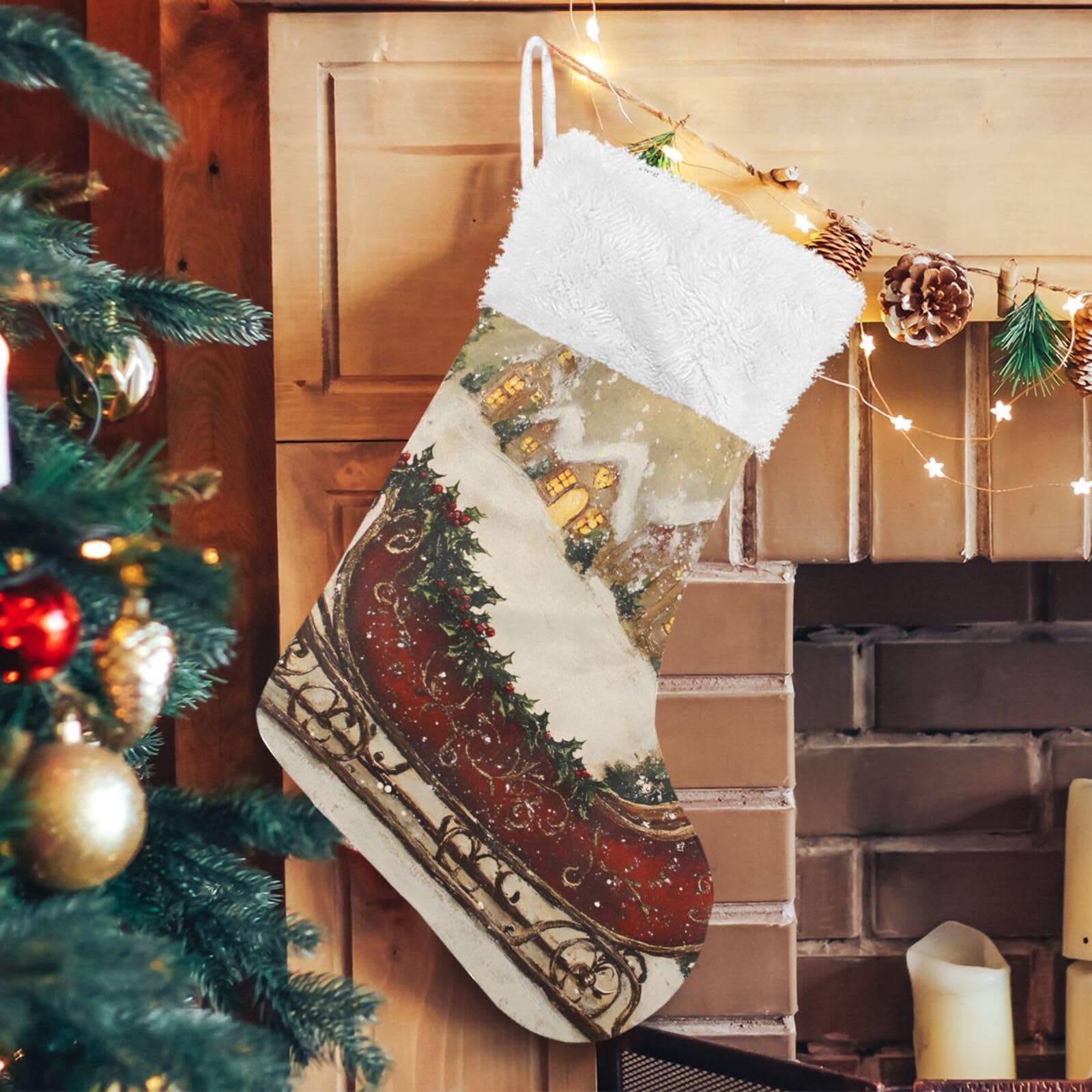 YMGQYJ Sleigh Christmas Christmas Stocking, Hanging Xmas Stocking, Christmas Socks Decoration for Family Holiday Party, 17.7x12.2 in