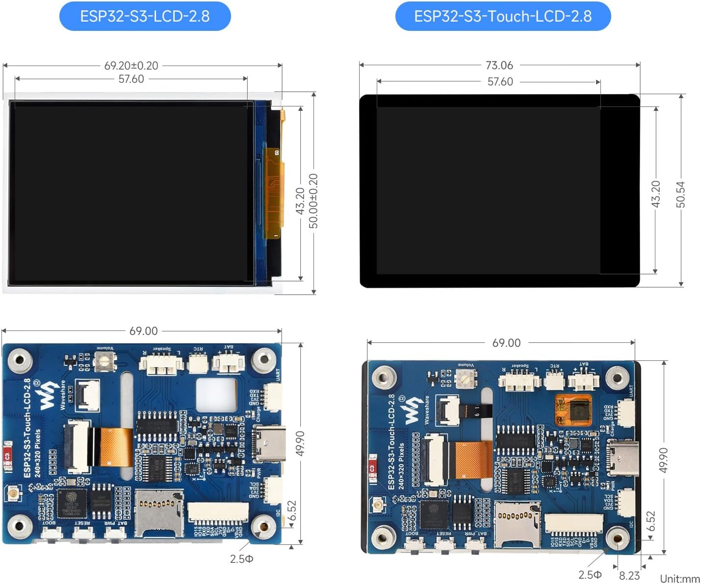 Waveshare ESP32-S3 2.8inch Display Development Board, 240×320, IPS, 32-bit LX7 Dual-core Processor, Up to 240MHz Frequency, Supports WiFi & Bluetooth, Without Touch Function