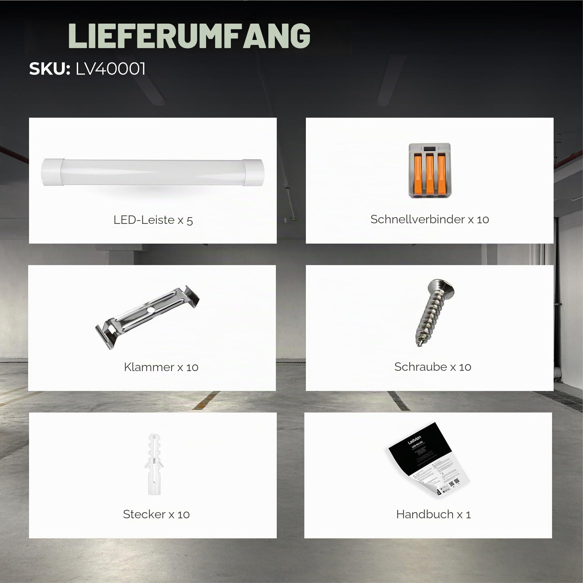 Ledvion - 5er Set, Feuchtraumleuchte LED, 60cm, IP20, 15W, 2400 Lumen, Neutralweiss, 4000K, Koppelbar, garagenbeleuchtung, werkstattbeleuchtung, kellerleuchte, deckenleuchte