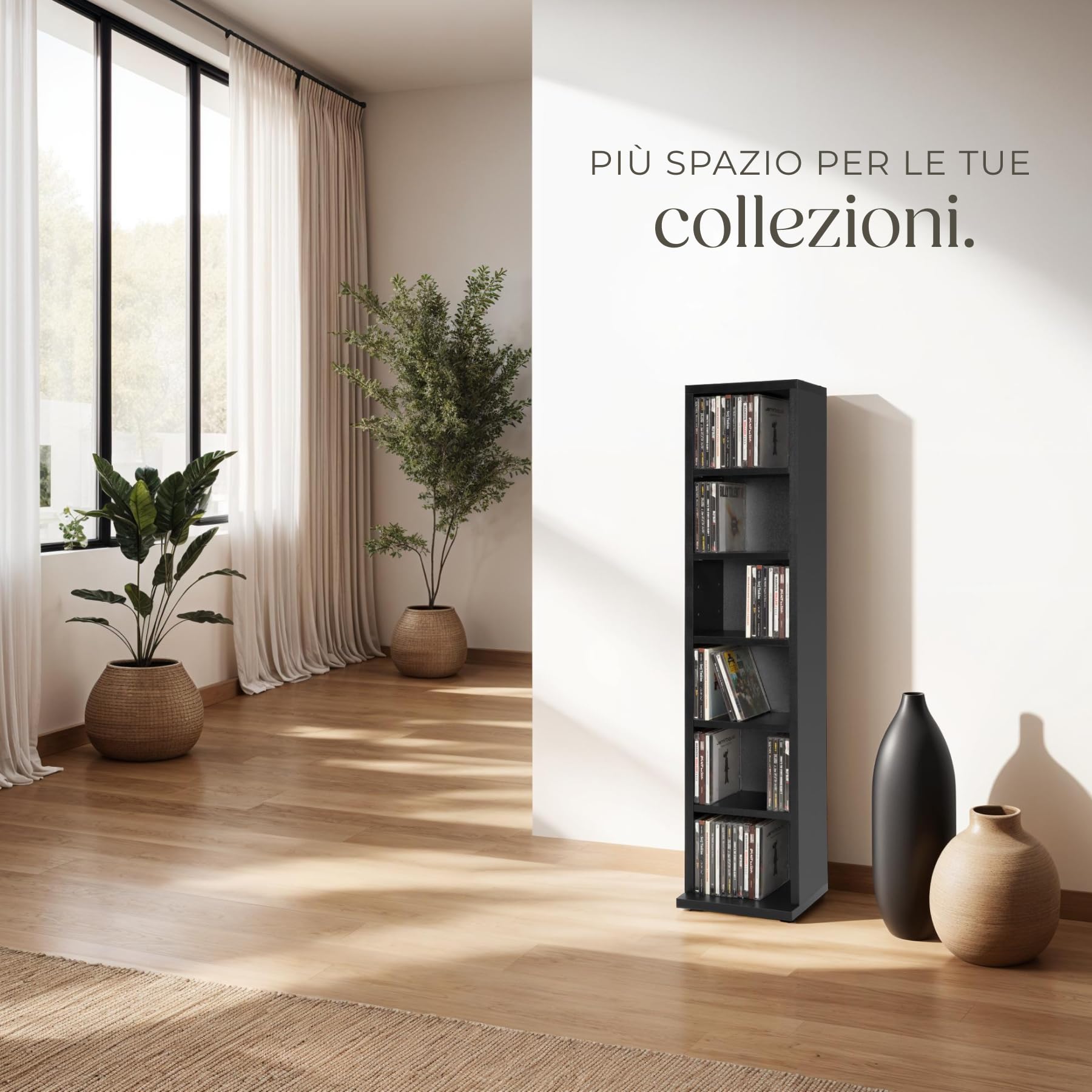 Tectake Scaffale Porta CD DVD 102 CD 6 Piani MDF Rivestimento Plastico 90x21x20 cm Nero